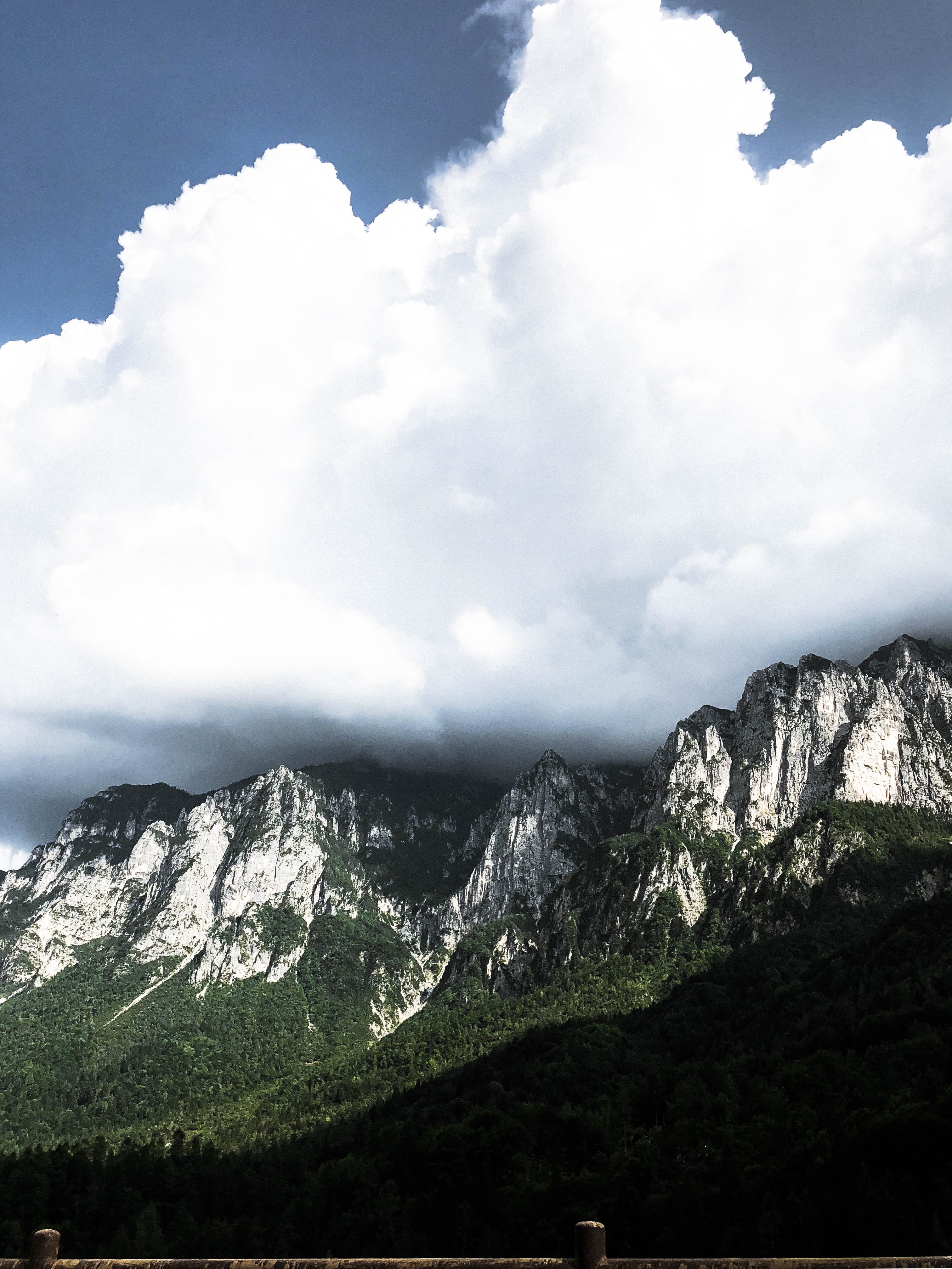 cloud - sky, mountain peak, no people, tranquility, trees, peak, wood, background, mountain, bench, blue, moutain, weather, italy, nature, rock, clouds, Phone HD Wallpaper