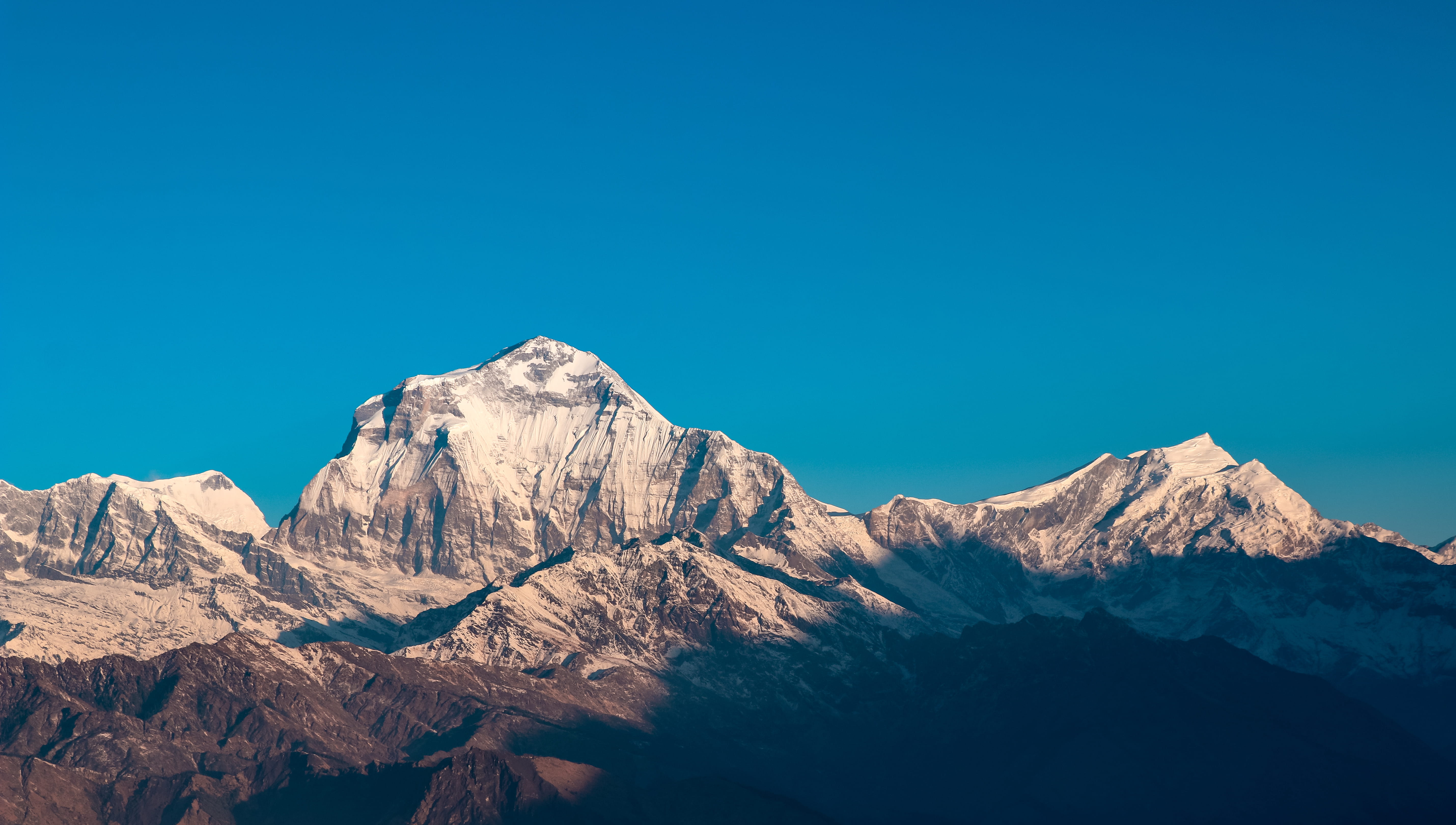 environment, 5K, wilderness, blue, solid, sky, clear sky, muktinath, crest, nature, sand, peak, nepal, snowcapped mountain, sunlight, mountain range, rock, HD Wallpaper