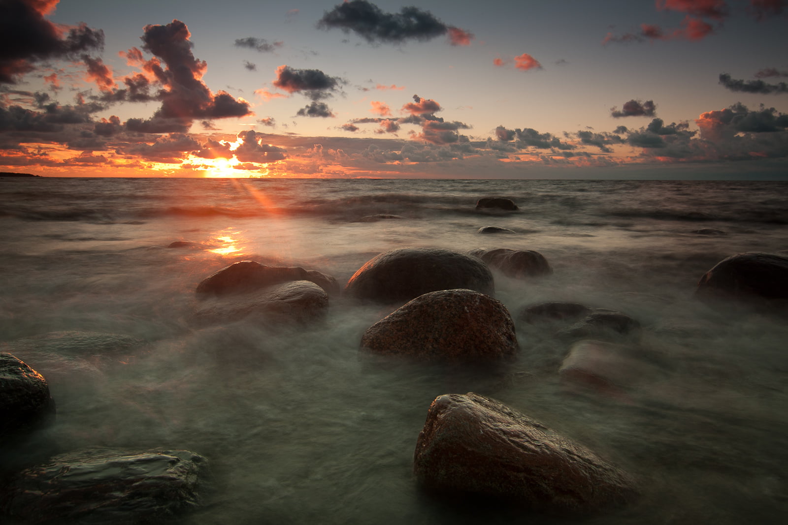 landscape, nature, body, summer, outdoors, sky, clouds, exposure, coastline, scenics, water, beach, DX, wave, gray, seascape, AT-X, gray rocks, 720P, ND4, HD Wallpaper