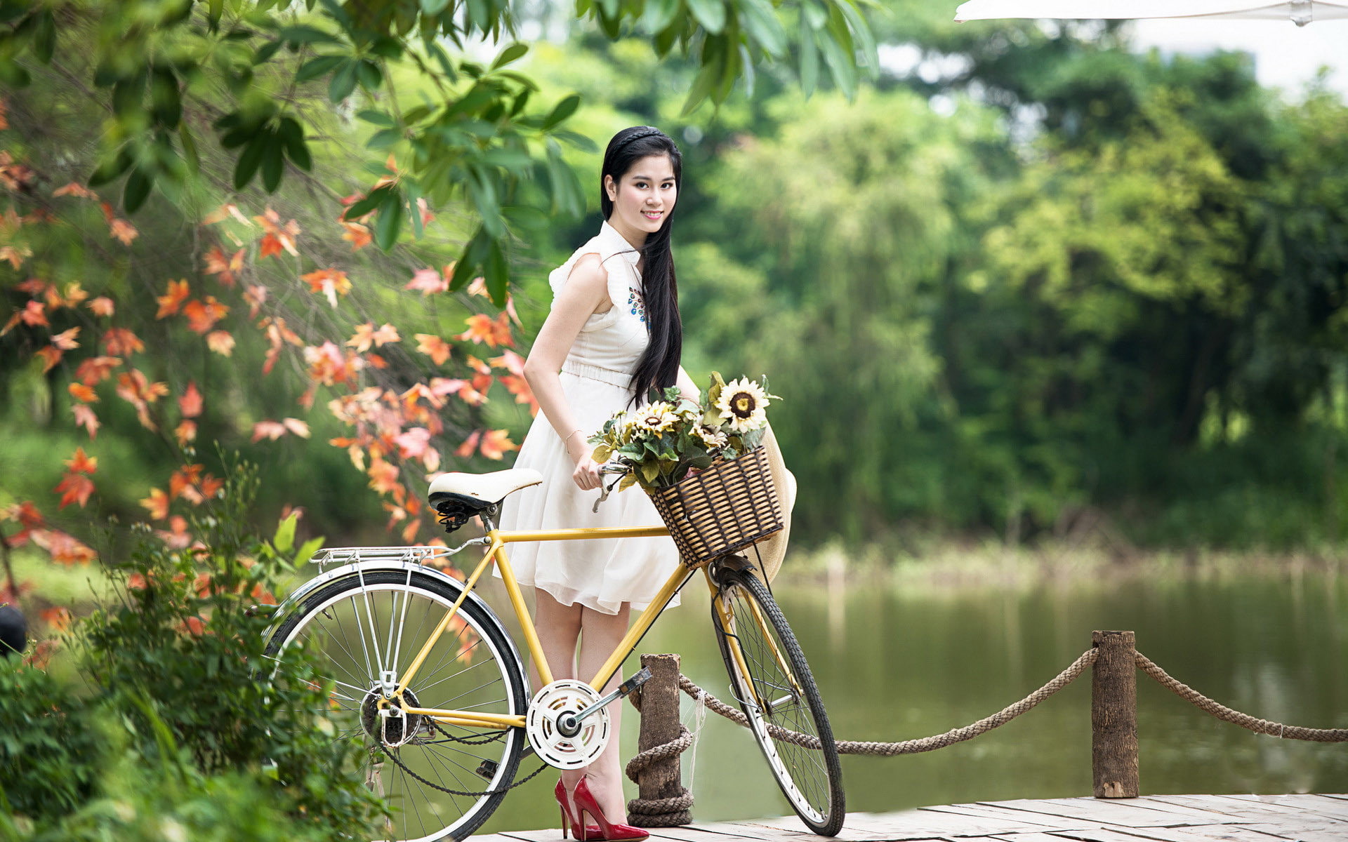 sun rise, 1920x1200, Woman, Bicycle, hd nature, 1080P, girls, HD Wallpaper