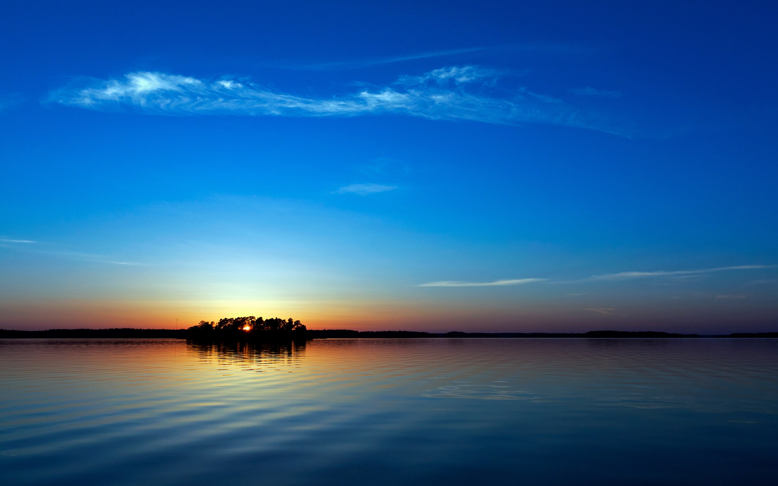 2K, sunset, moment, rise, water, sky, sun, calm, blue, HD Wallpaper