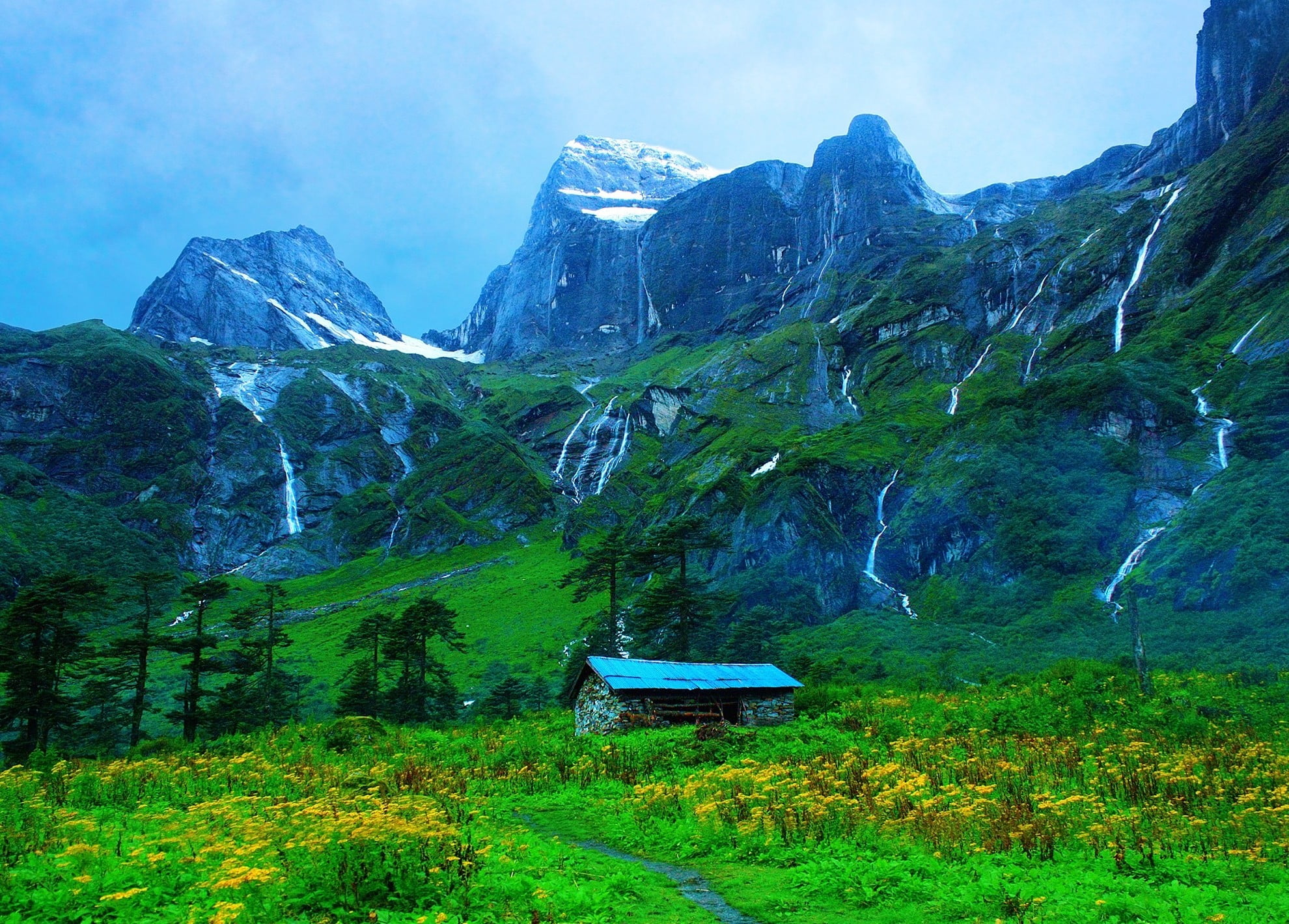 sky, environment, green color, formation, mountain peak, 1080P, scenics - nature, hut, valley, trees, land, Nepal, barn, wildflowers, landscape, tranquil scene, HD Wallpaper