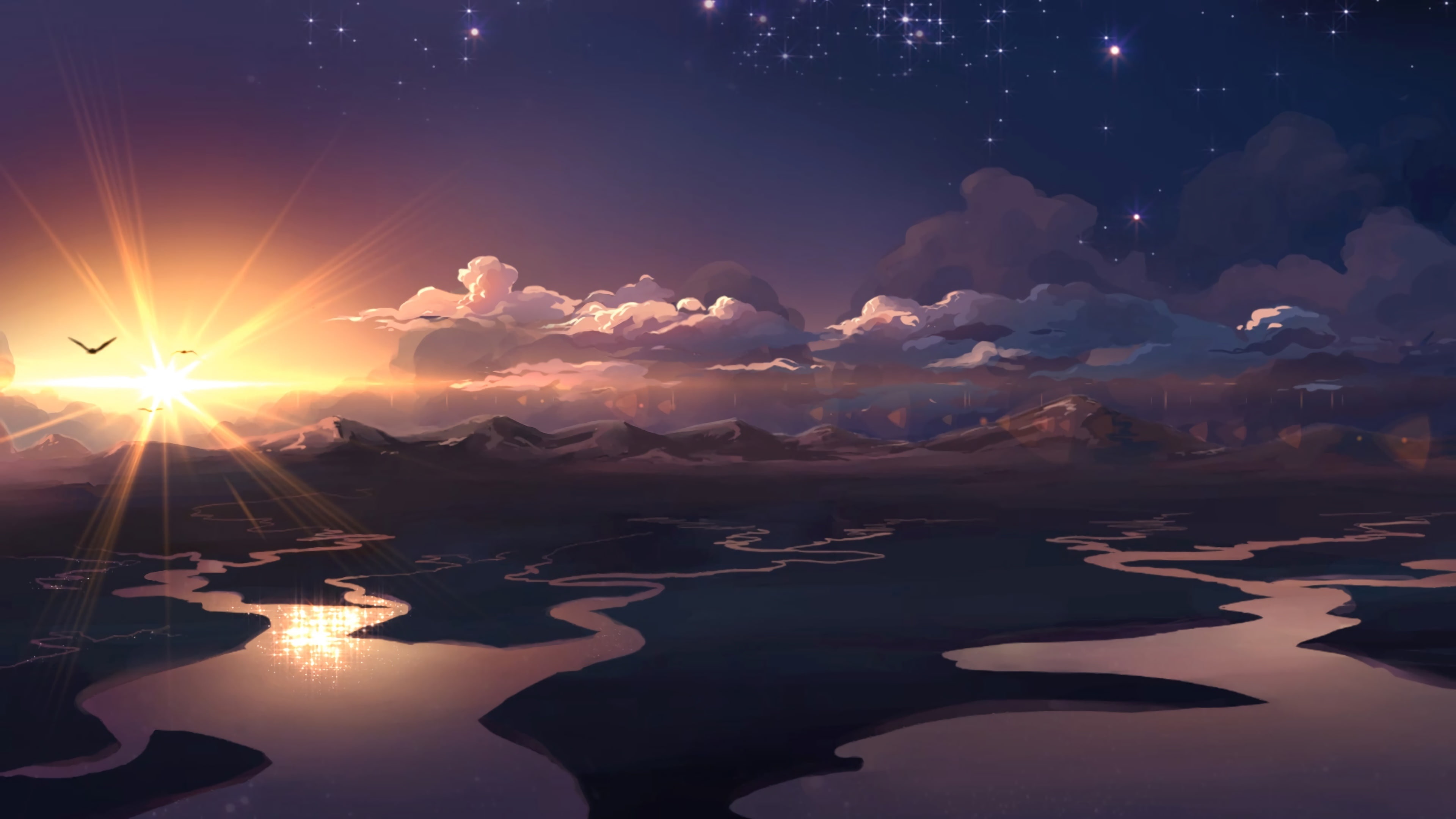 fantasy landscape, 4K, evening, cloud, nature, afterglow, horizon, sunlight, artwork, sky, anime art, HD Wallpaper