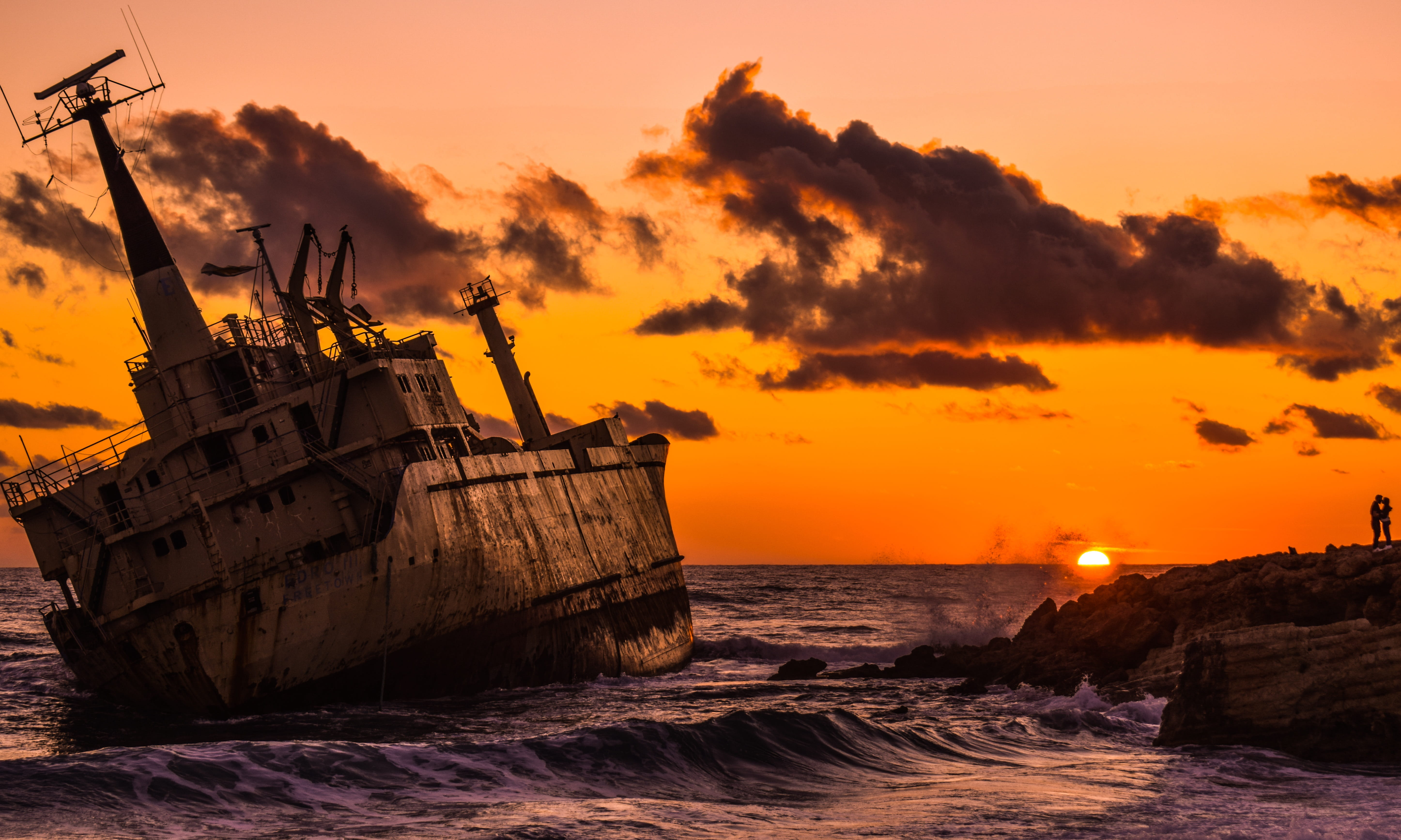 breaking, sunset, outdoors, weathered, cyprus, sea, ship, splash, nautical vessel, transportation, orange color, sky, waves, nature, abandoned, broken, HD Wallpaper