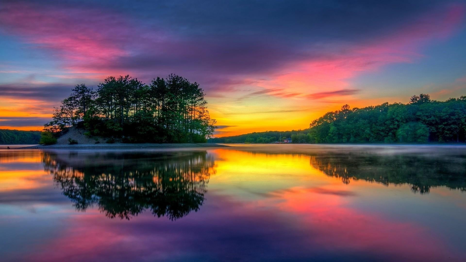horizon, morning, reflected, orange color, waterfront, dawn, reflect, forest, reflection, afterglow, scenics - nature, 1080P, tree, idyllic, purple, water, HD Wallpaper