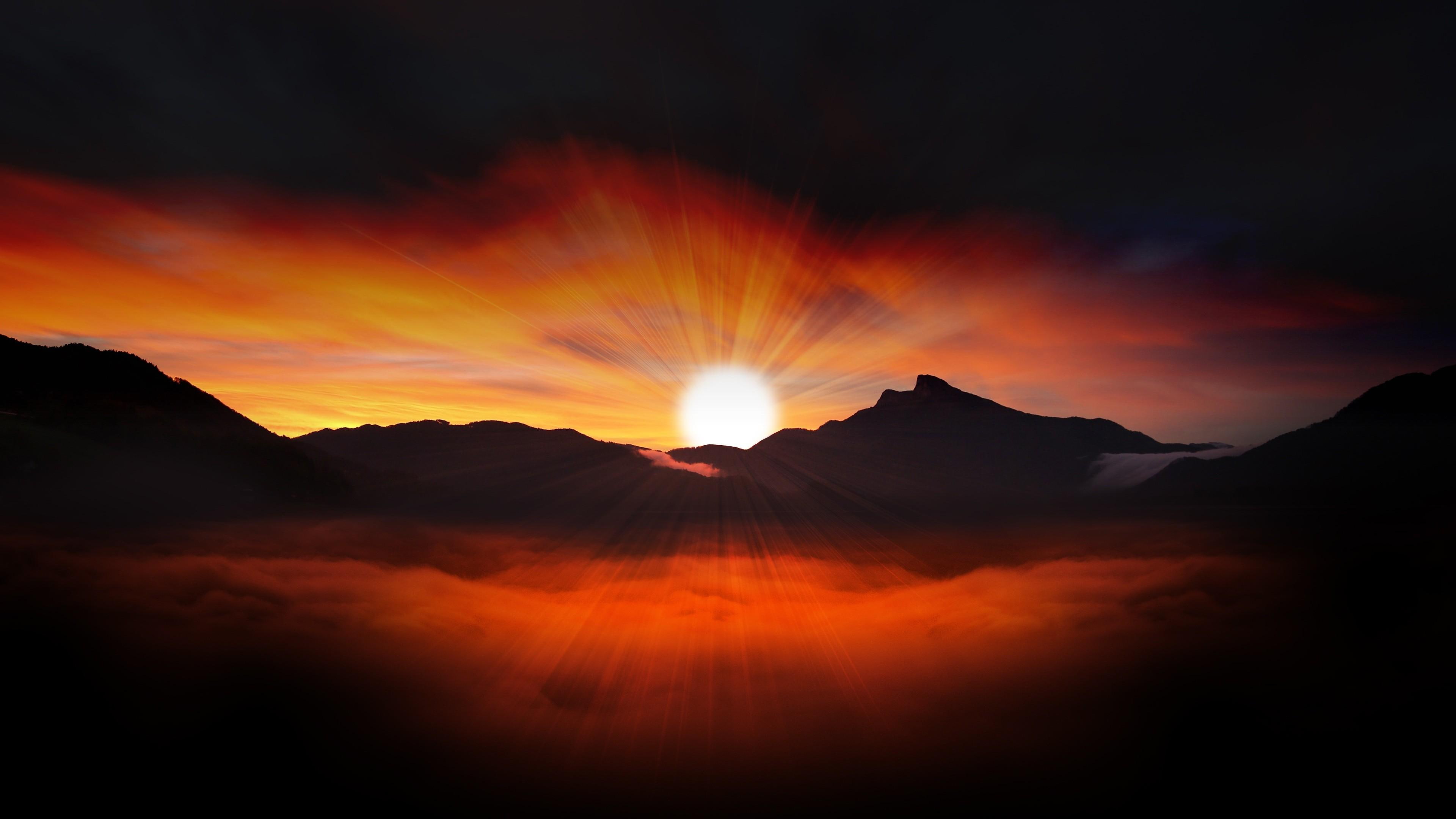sunset, sun, horizon, sunlight, red sky, afterglow, sky, 4K, rays, sunray, nature, mountain range, HD Wallpaper