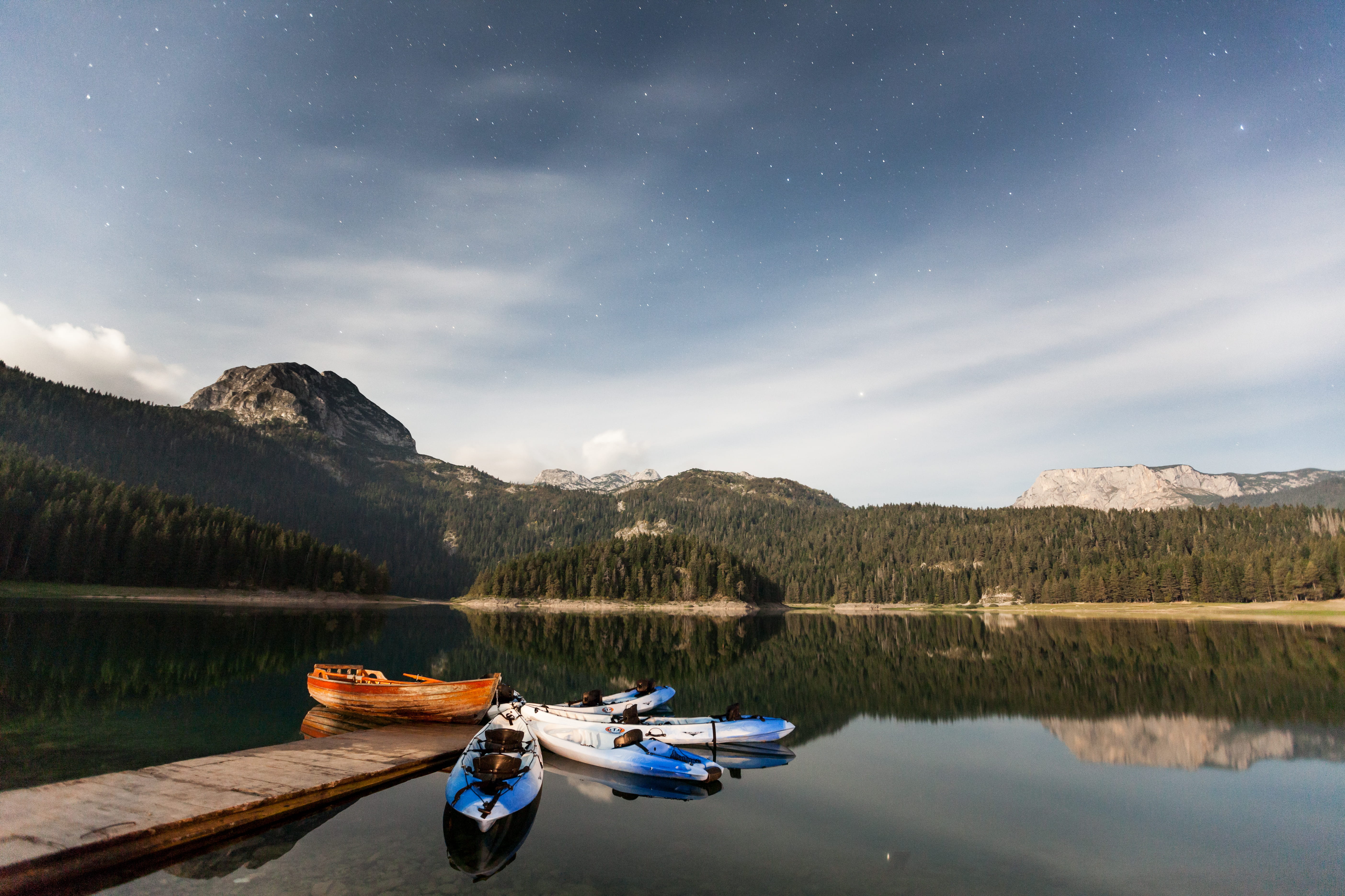 reflection, beauty in nature, vehicle, sky, tree, outdoors, dock, idyllic, montenegro, canoe, non-urban scene, moored, cloud - sky, wooden, tranquility, HD Wallpaper