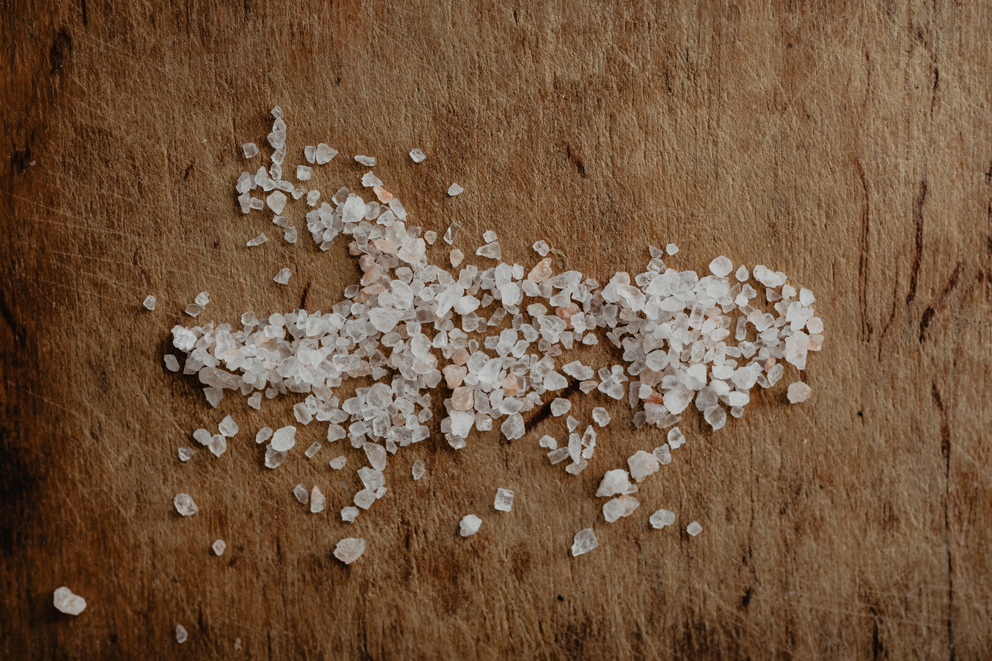 salt, kitchen, 4K, high angle view, indoors, wellbeing, freshness, shape, sweet food, table, food and drink, wood - material, brown, ingredient, healthy eating, HD Wallpaper