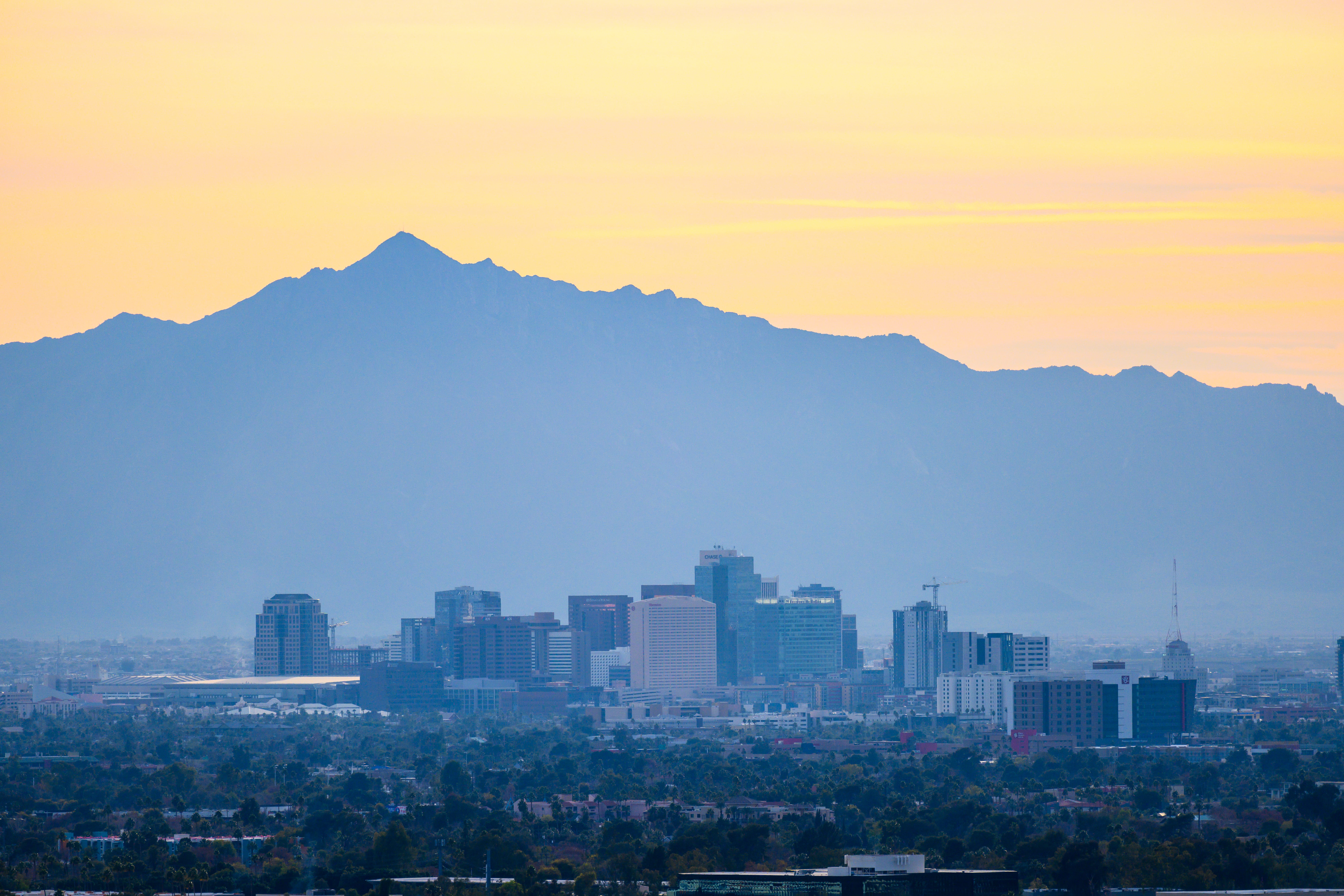 building, town, steeple, built structure, nature, downtown, hour, sky, skyscraper, paradise valley, mountain, outdoors, scenery, urban, united states, urban skyline, HD Wallpaper