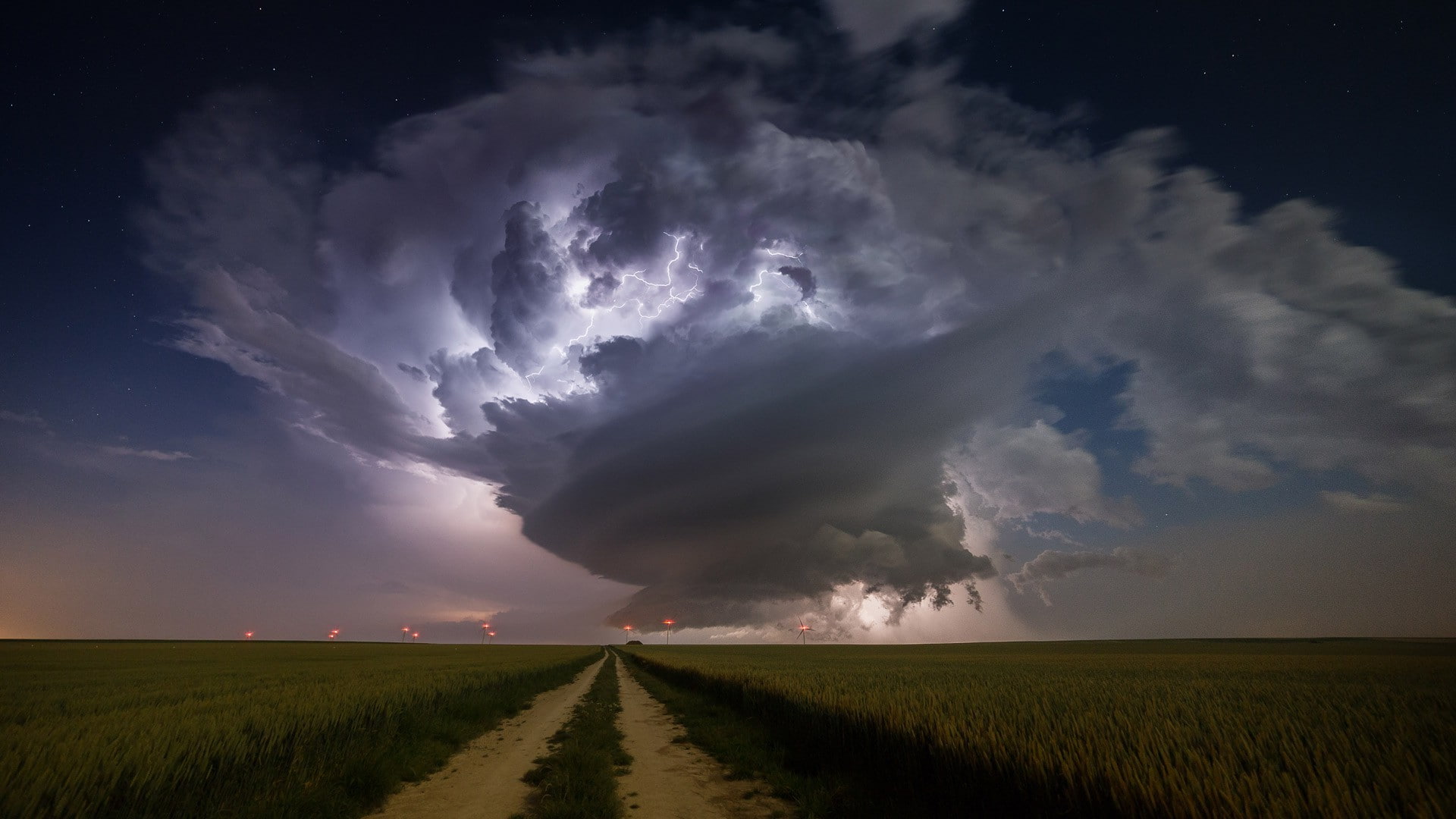 environment, field, Lights, Windmill, ominous, Dirt Road, road, thunderstorm, supercell (nature), outdoors, horizon over land, horizon, 1080P, scenics - nature, HD Wallpaper