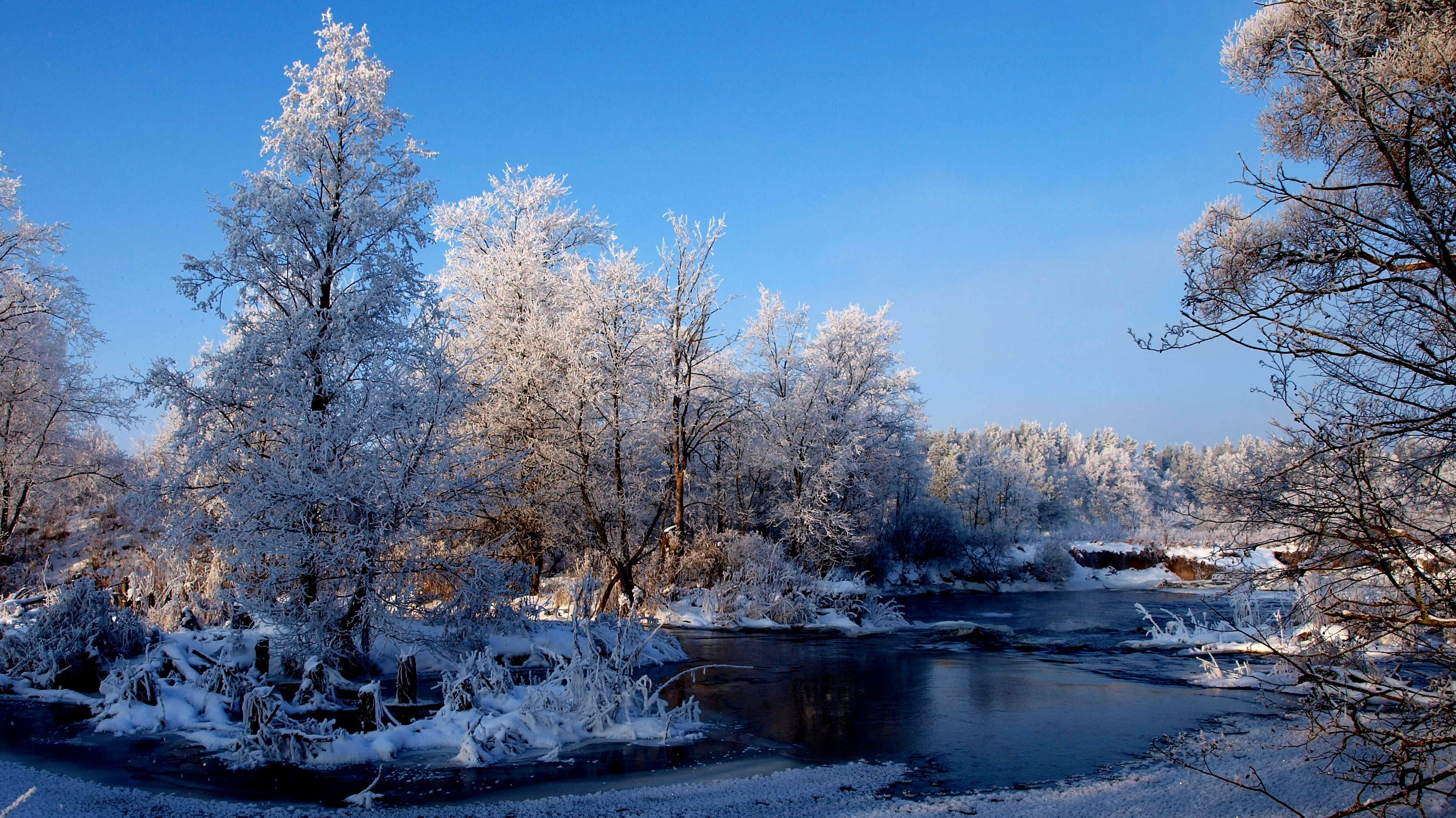 flowing water, day, snow, tranquil scene, scenics - nature, no people, cold temperature, landscape, leafed, trees, sky, river, outdoors, nature, stream - flowing water, HD Wallpaper