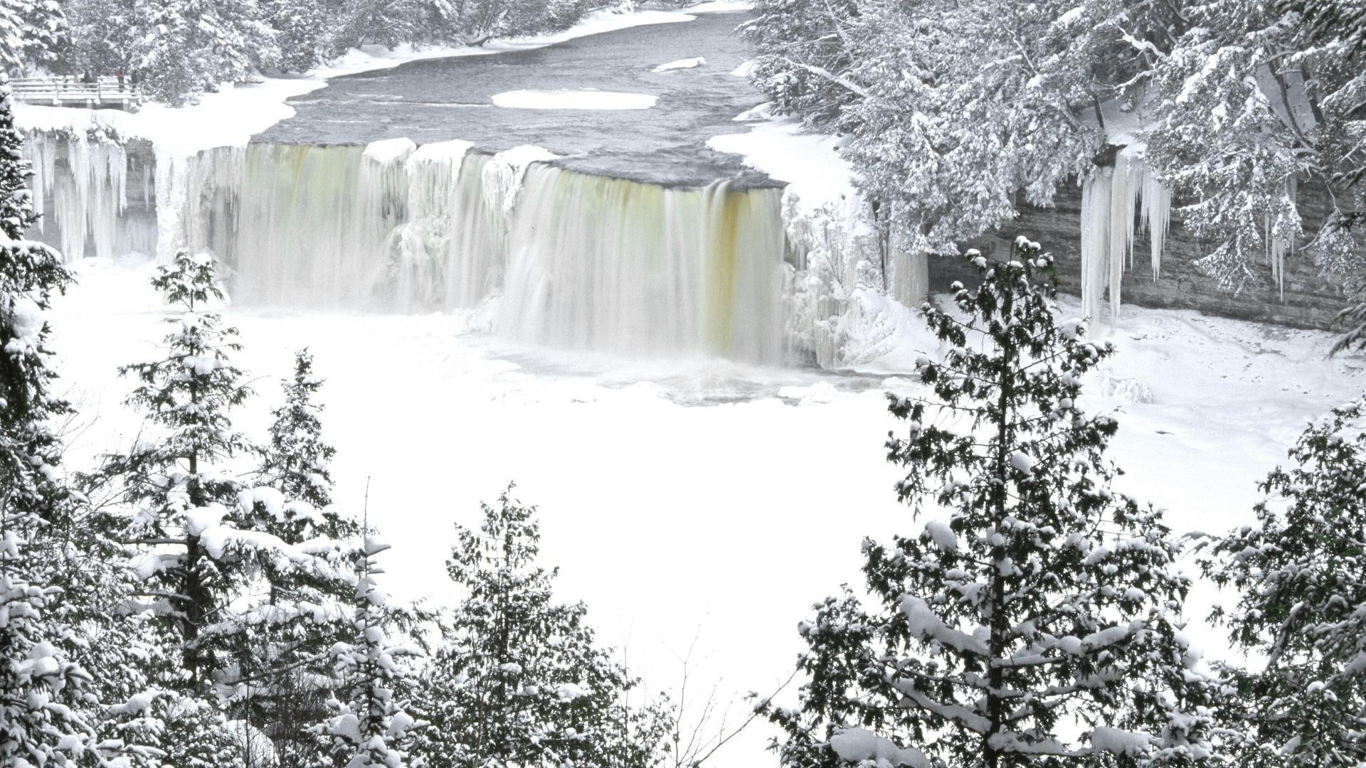 tahquamenon falls, snow, nature, 1080P, 1920x1080, falls, michigan, frozen, winter, white, snowy, waterfall, tahquamenon, river, HD Wallpaper