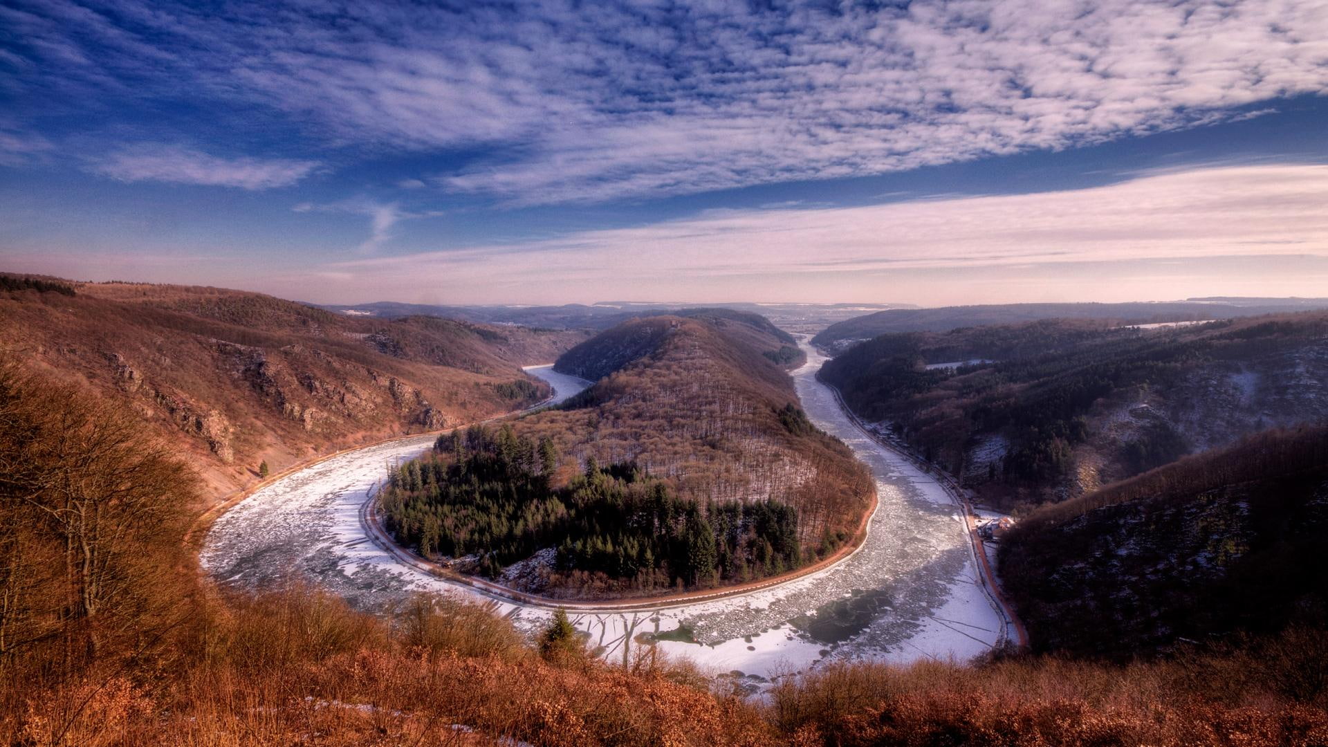 horseshoe, saar, france, gorge, clouds, frozen, river, nature and landscapes, 1080P, HD Wallpaper
