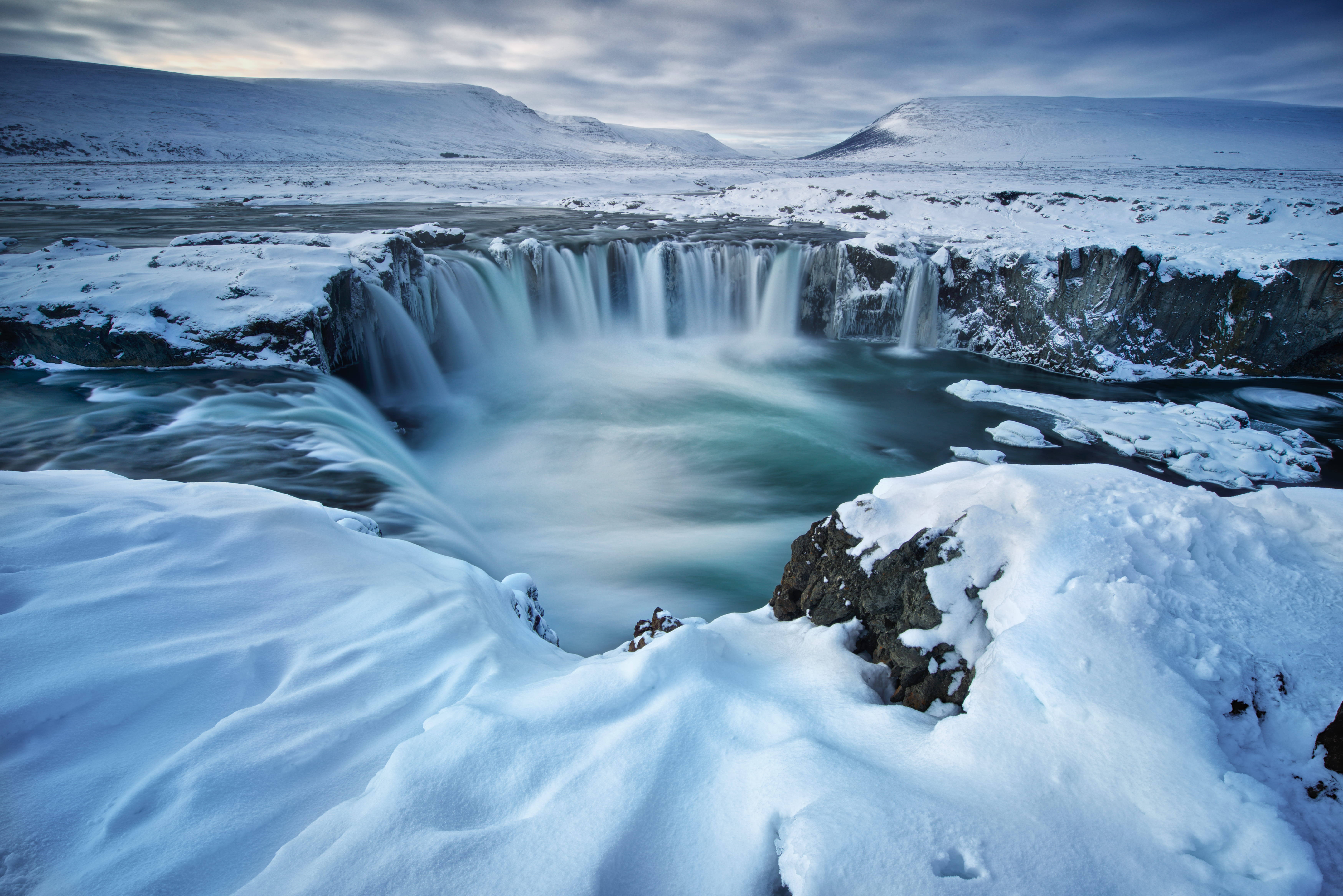 cold temperature, body, formation, landscape, water, rock, waterfalls, lapse, lagoon, surrounded, time, river, 5K, mountain, winter, snow, godafoss, rocks, HD Wallpaper