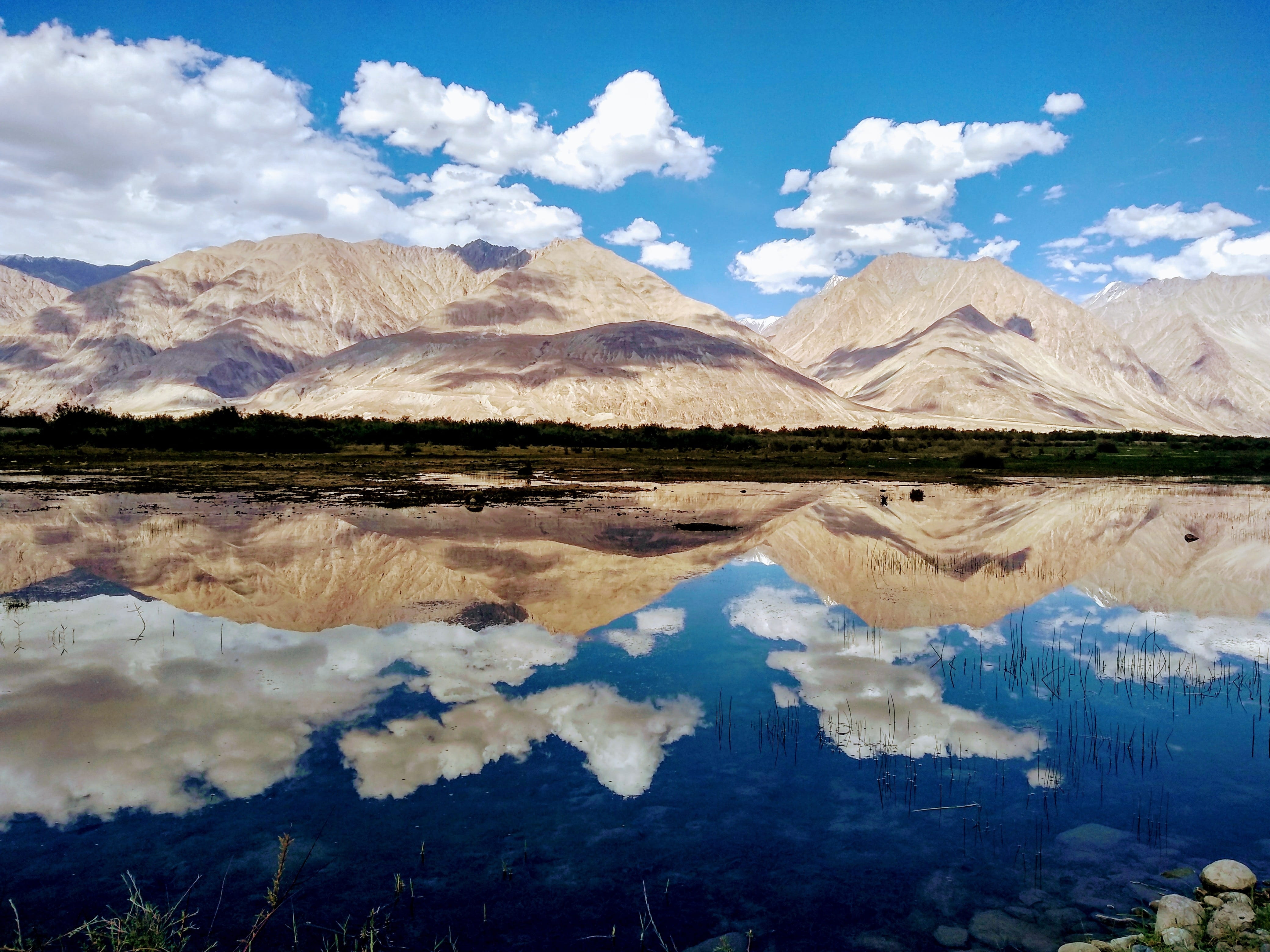 lake, pond, water, beauty in nature, karakoram ranges, mirror view, nature, 4K, blue, sky, mountain range, mountain, mountain reflection, landscape, clouds, HD Wallpaper
