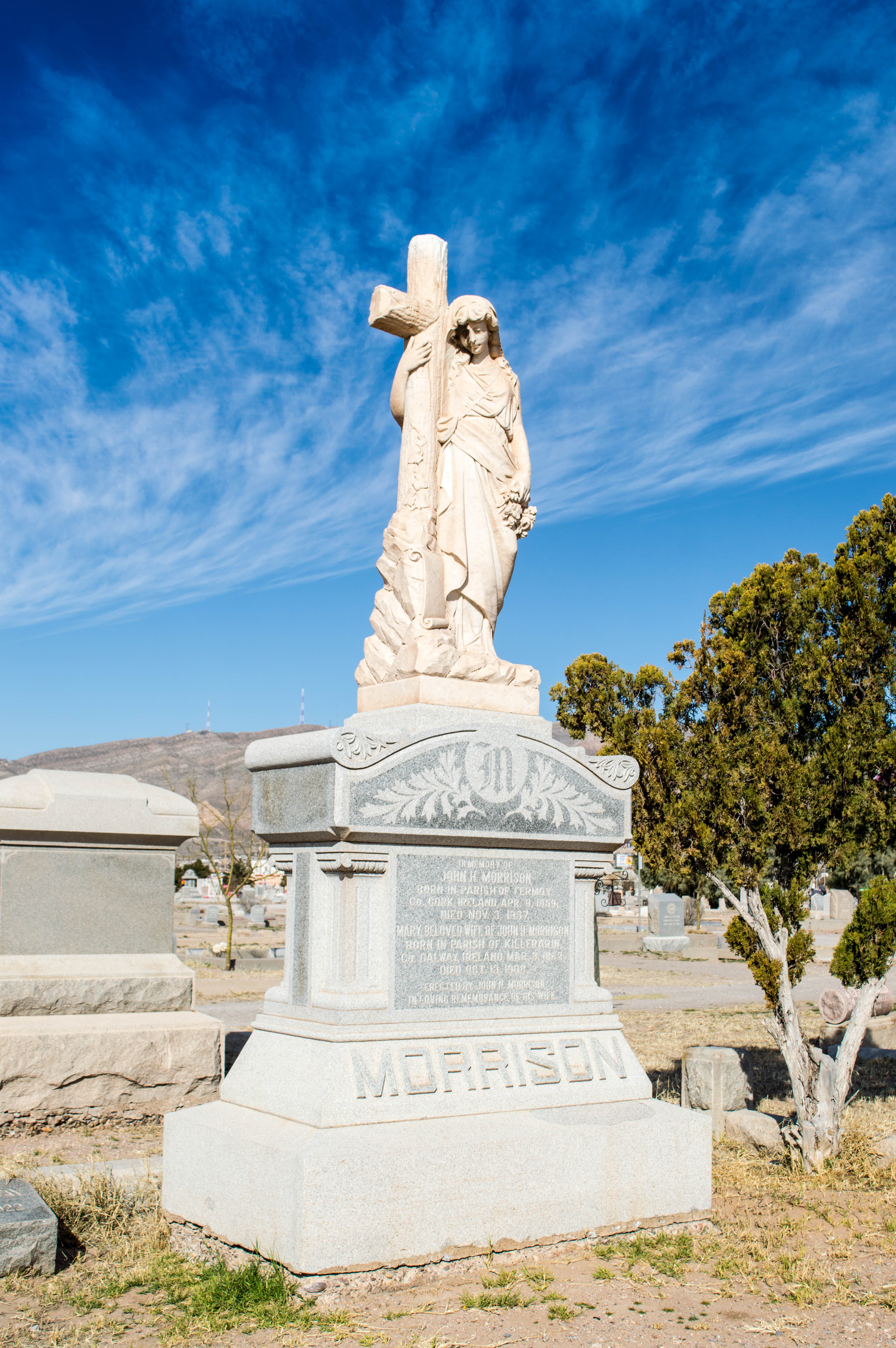 tomb, sunlight, statue, angel, nature, 5K, human representation, creativity, plant, concordia cementary, blue sky, solid, craft, old cemetery, architectural column, Phone HD Wallpaper