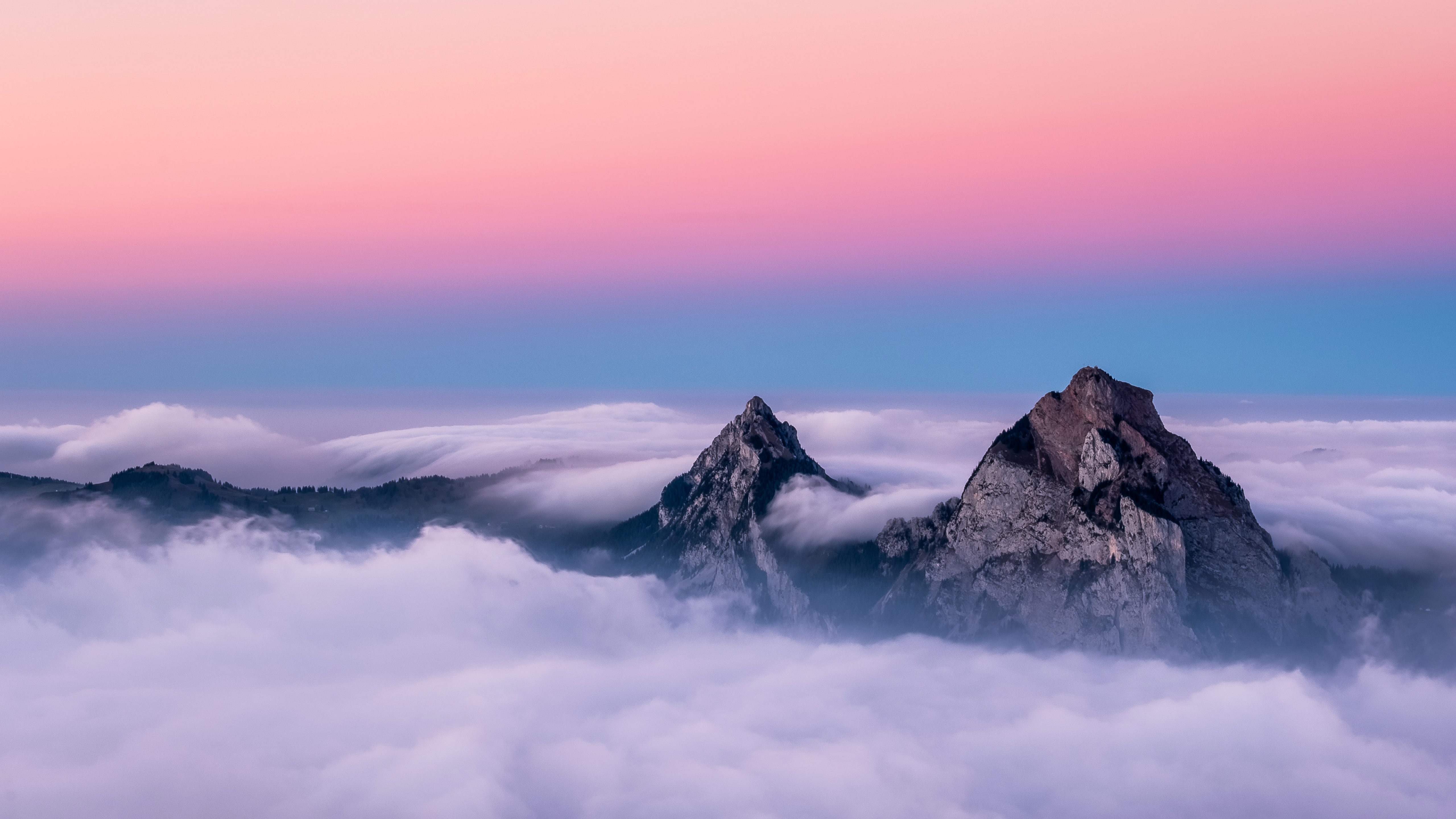 Mountains, sky, k, no people, tranquil scene, Peak, cloudscape, idyllic, outdoors, sunset, rock, Twin, tranquility, mountain peak, non-urban scene, fog, HD Wallpaper