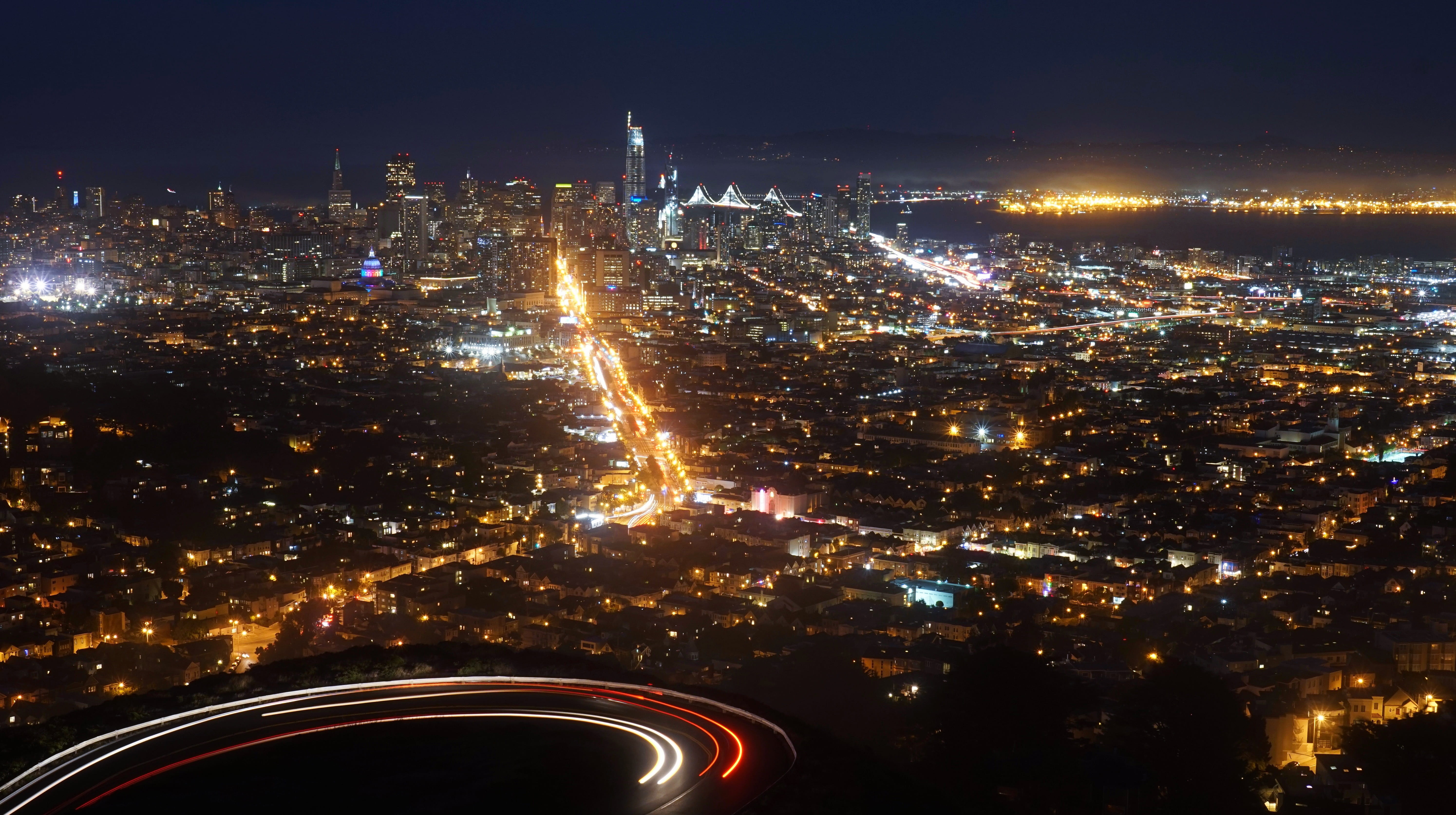 cityscape, skyscraper, multiple lane highway, night, light trail, san francisco, city, aerial view, street, no people, travel destinations, building exterior, HD Wallpaper