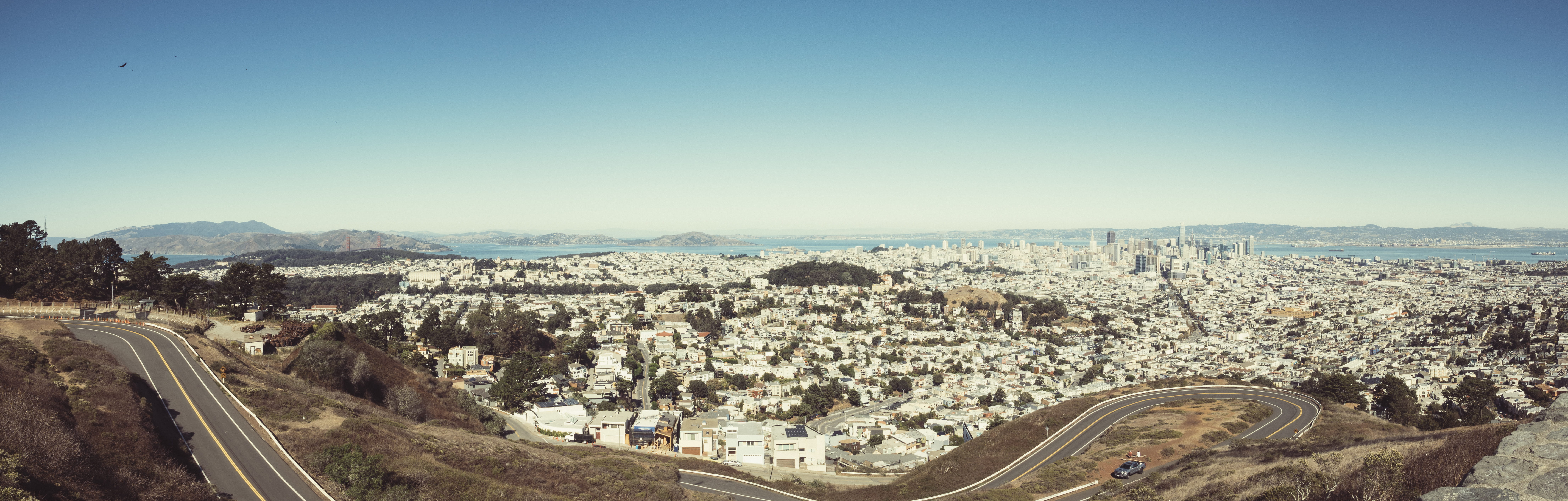 nature, copy space, landscape, cityscape, road, high angle view, outdoors, panorama, bay area, bay, clear sky, alcatraz, no people, october, sky, twin peak, HD Wallpaper