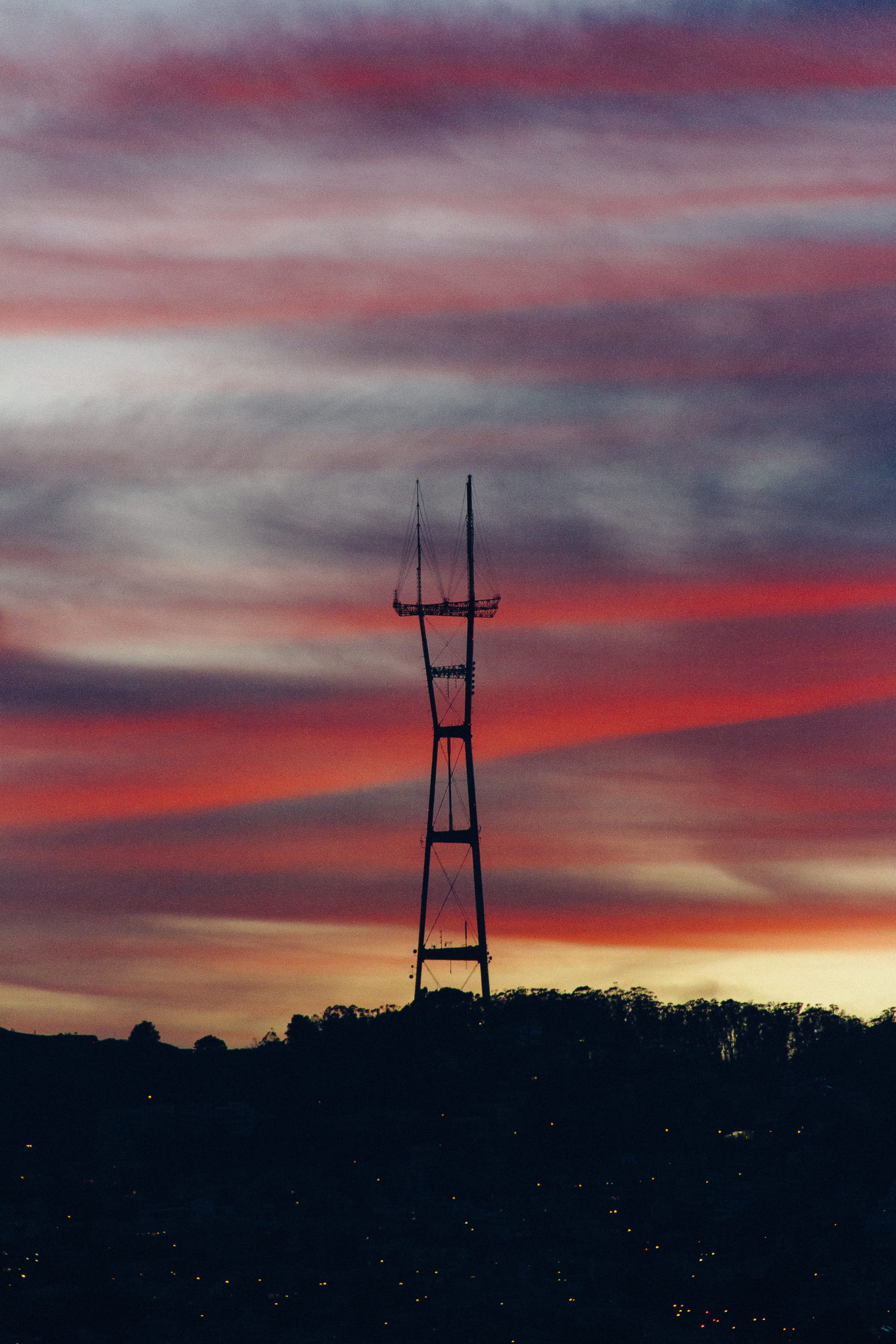 tower, twin peaks, no people, san francisco, sunset, moody, outdoors, silhouette, united states, low angle view, dramatic sky, beauty in nature, environment, Phone HD Wallpaper