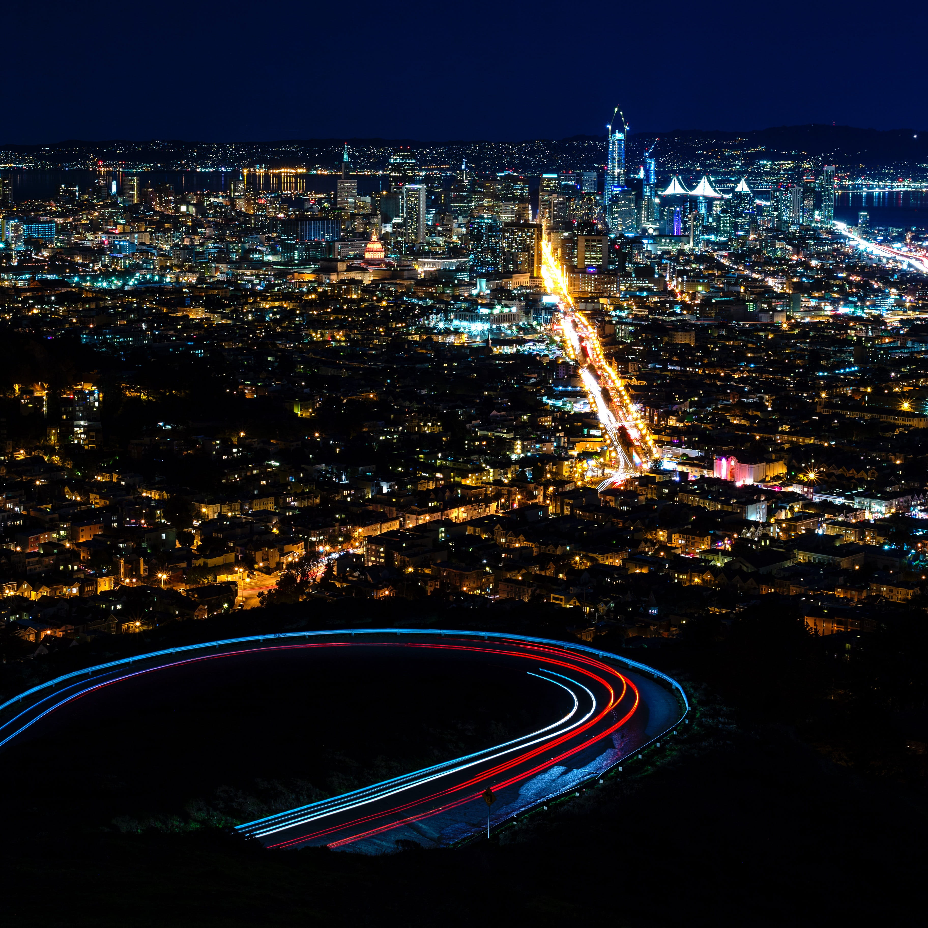 street, lights, high angle view, night, outdoors, no people, road, twin peaks, building exterior, motion, san francisco, urban, sky, light trail, nature, Phone HD Wallpaper