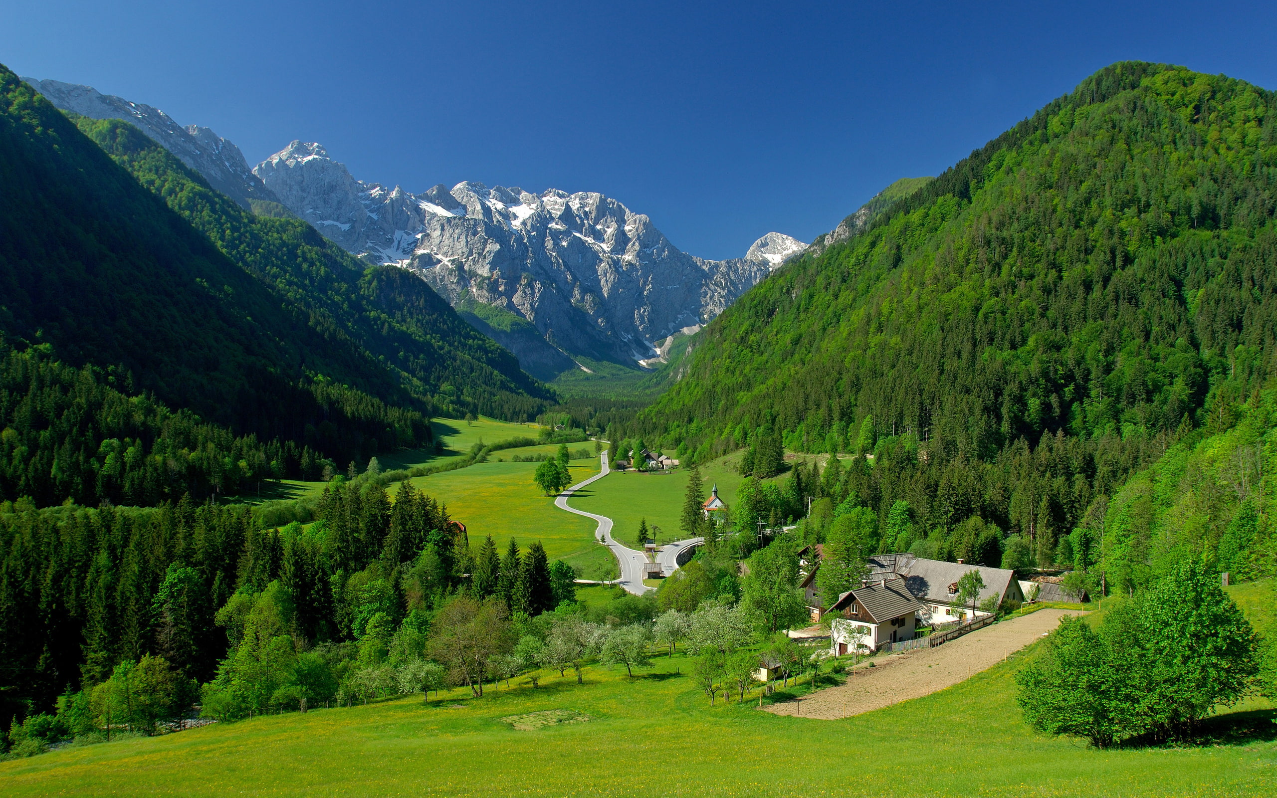 mountains, fields, 2K, alpine, valley, spring, landscape, HD Wallpaper