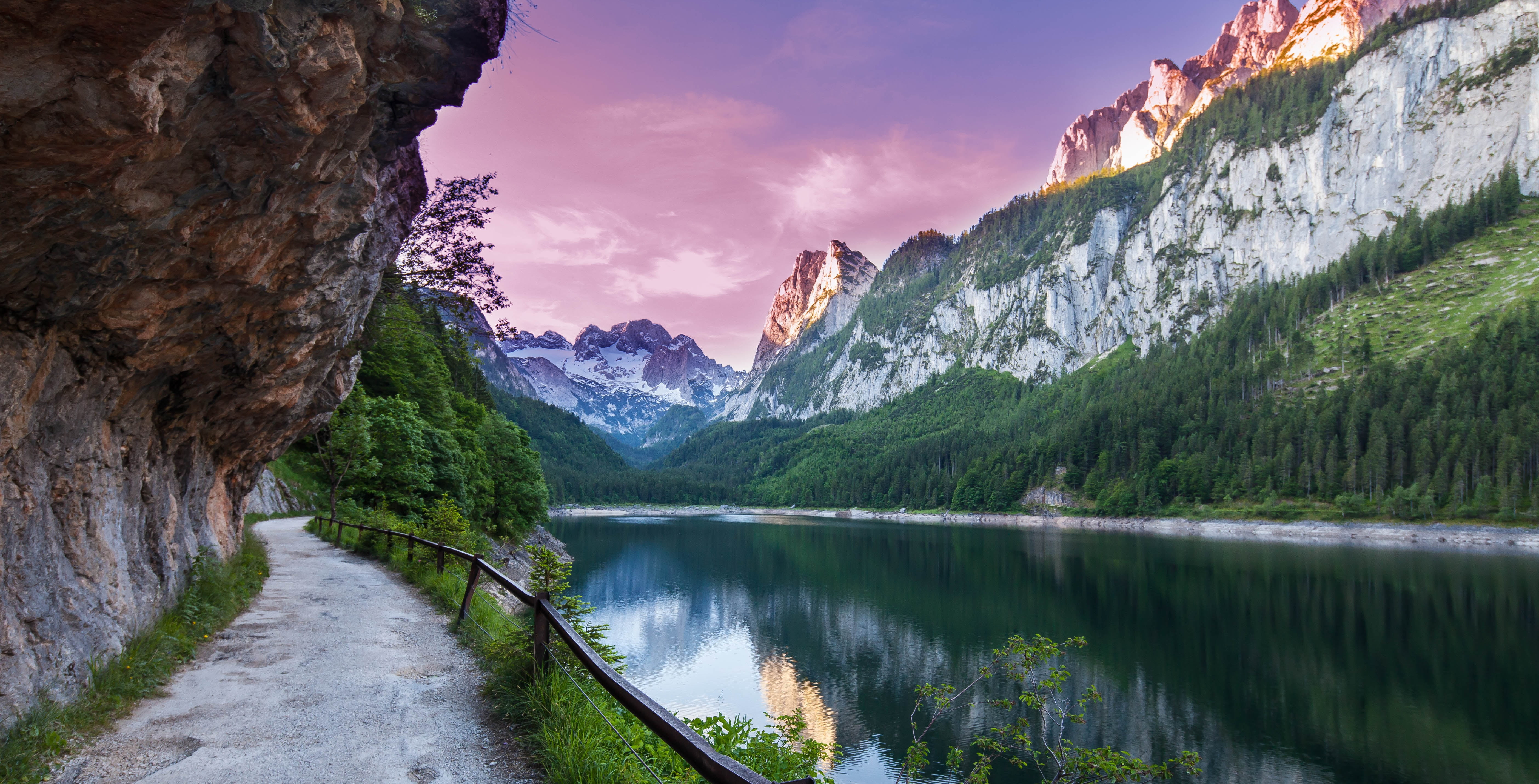 5K, Austria, Gosausee, forest, Alps, landscape, nature, Bank, Gosau, lake, track, morning, mountains, HD Wallpaper
