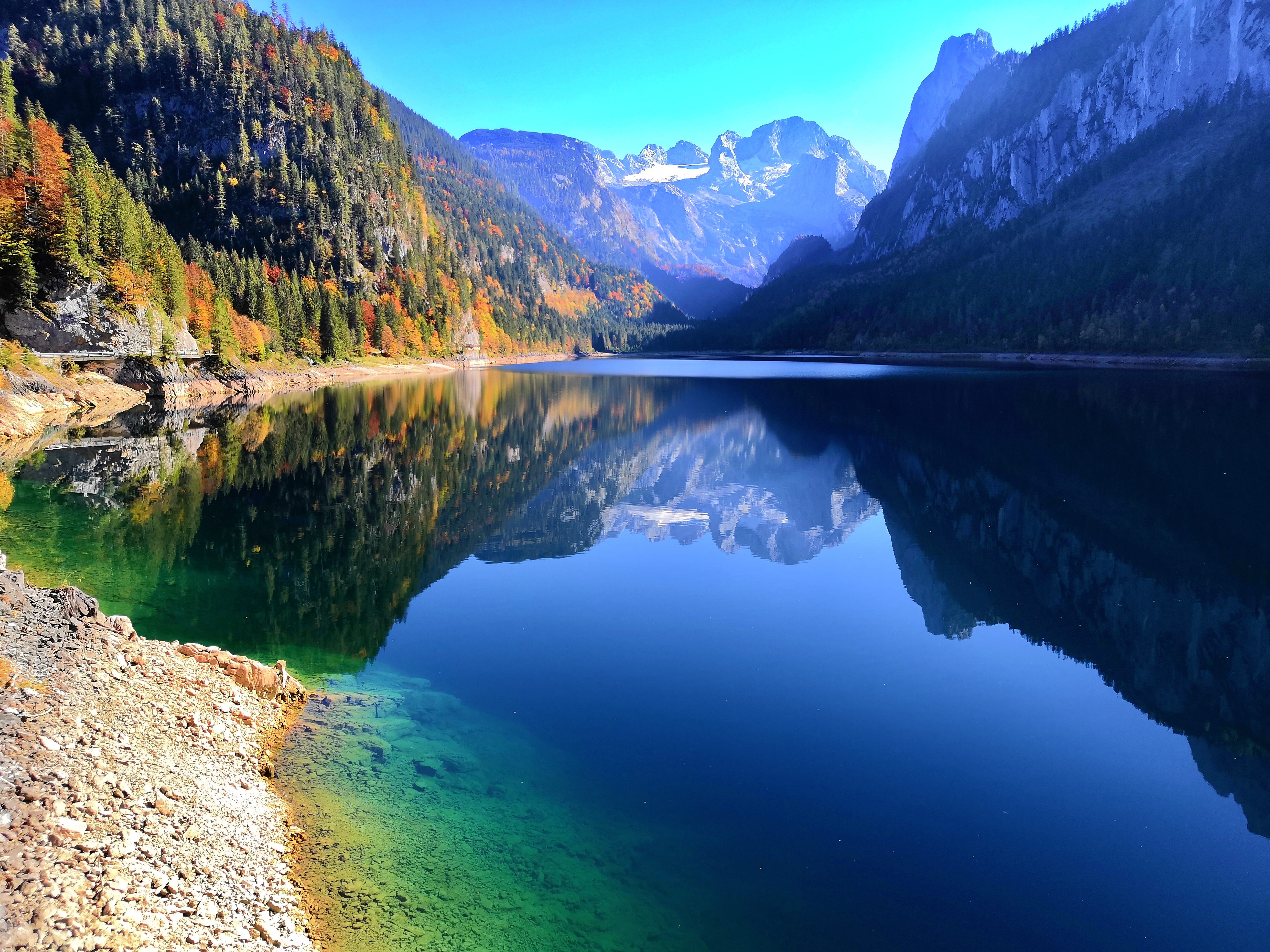sky, no people, beauty in nature, scenics - nature, day, mountain, tree, non-urban scene, reflection, mountains, formation, nature, waterfront, water, green color, HD Wallpaper