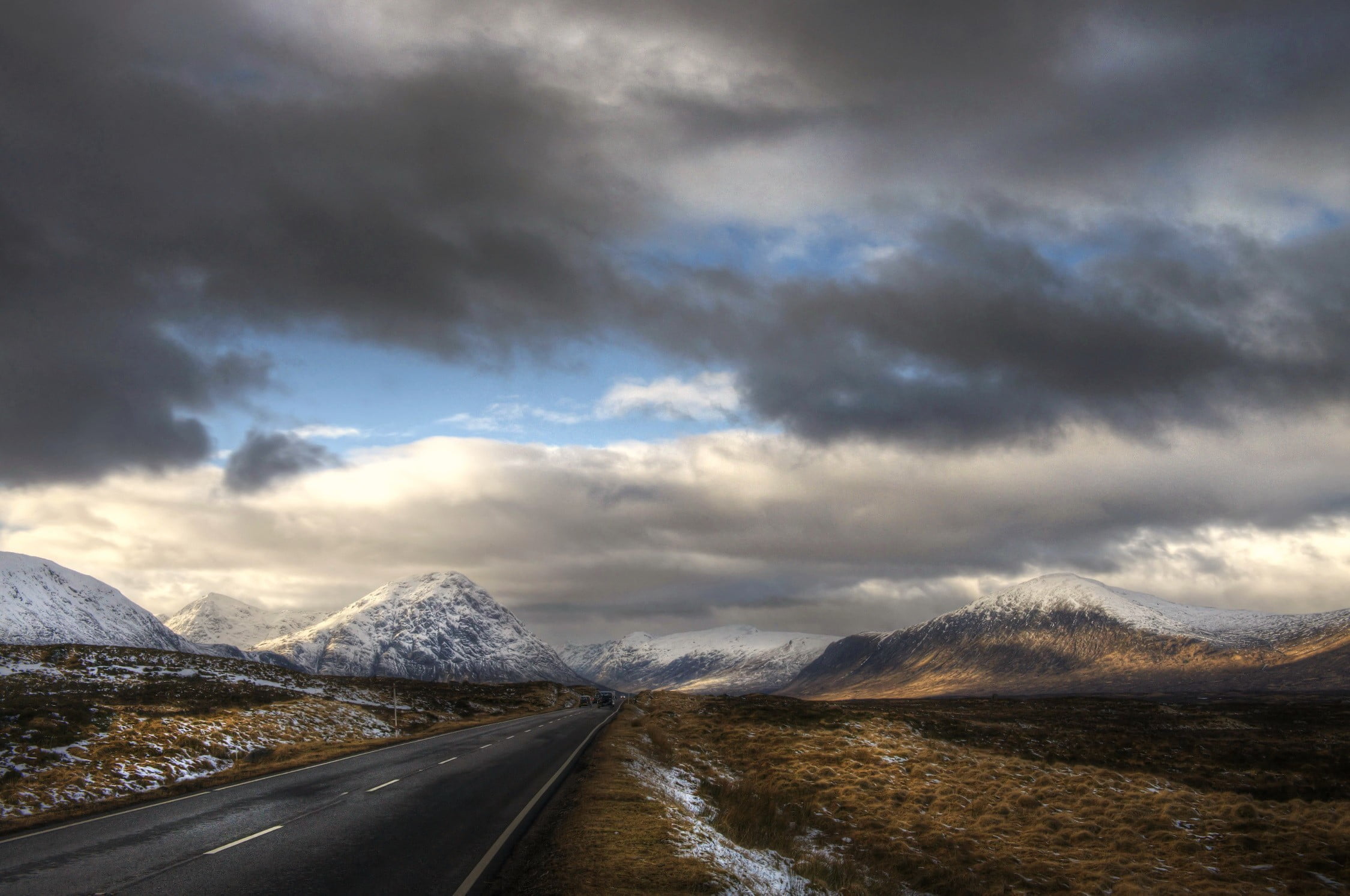 white, Scotland, tranquil scene, environment, transportation, mountains, mountain range, snow, cold temperature, blue, 1080P, outdoors, winter, floral, HD Wallpaper