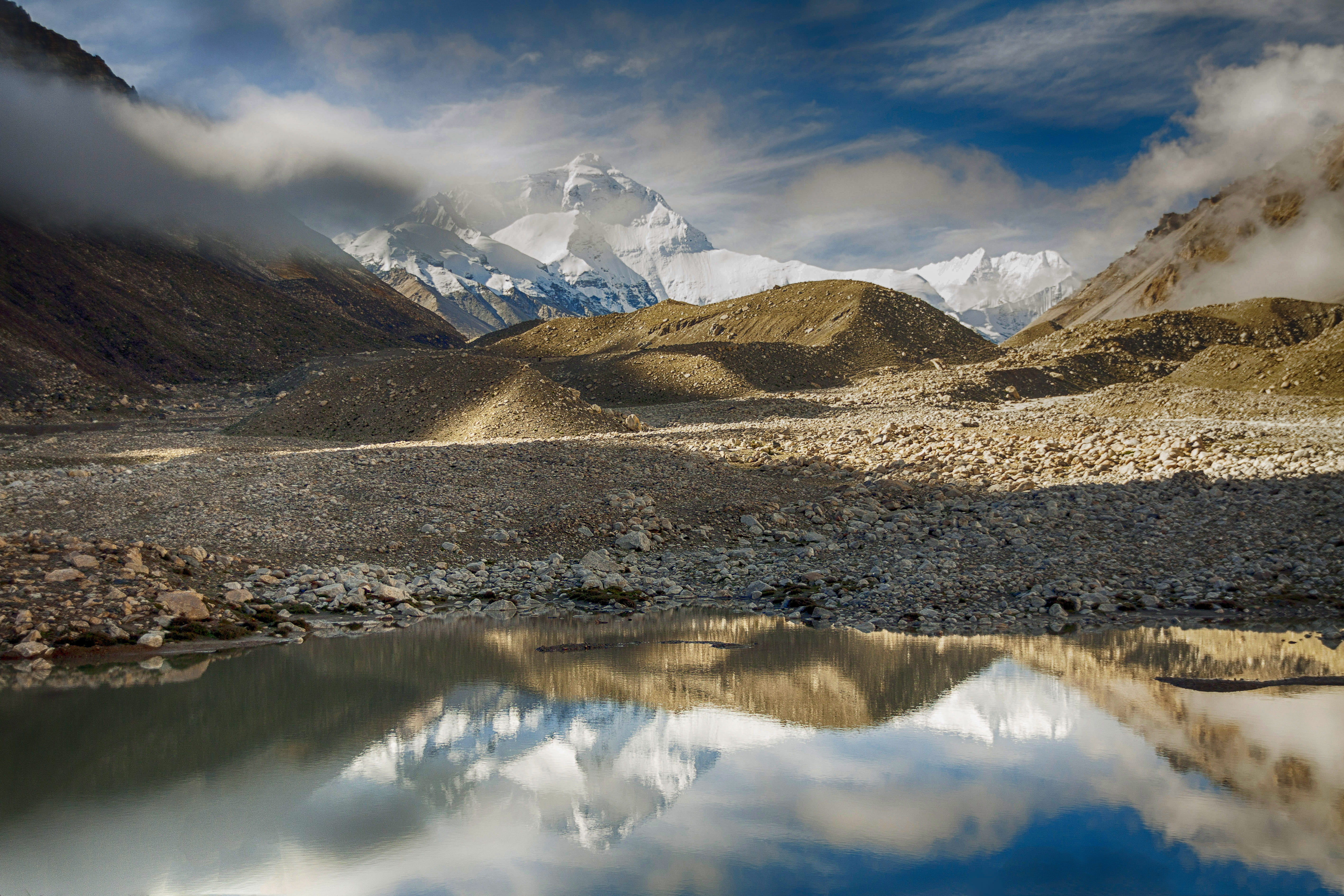 mountains, mirroring, mountain, environment, buddhism, beauty in nature, himalayas, travel, china, mountain landscape, earth, mountain range, mountain summit, HD Wallpaper
