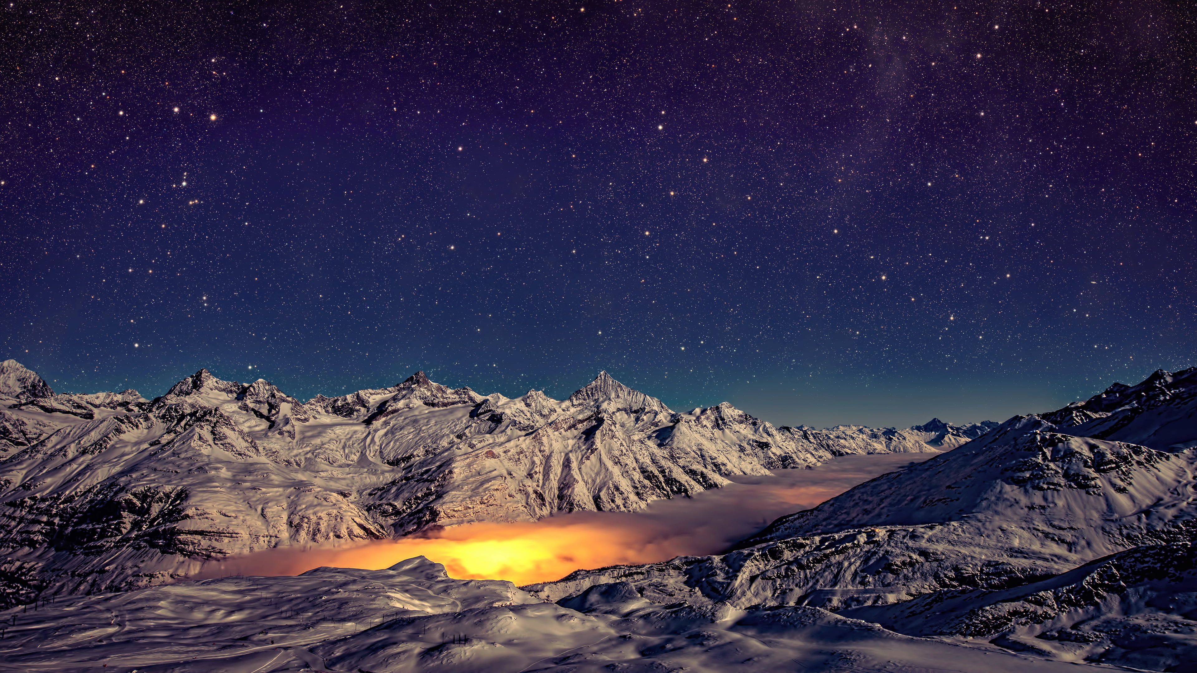 sky, mountain, astronomy, tranquility, scenics - nature, mountain Range, exploration, light - Natural Phenomenon, blue, snow, no People, illuminated, scenics, HD Wallpaper