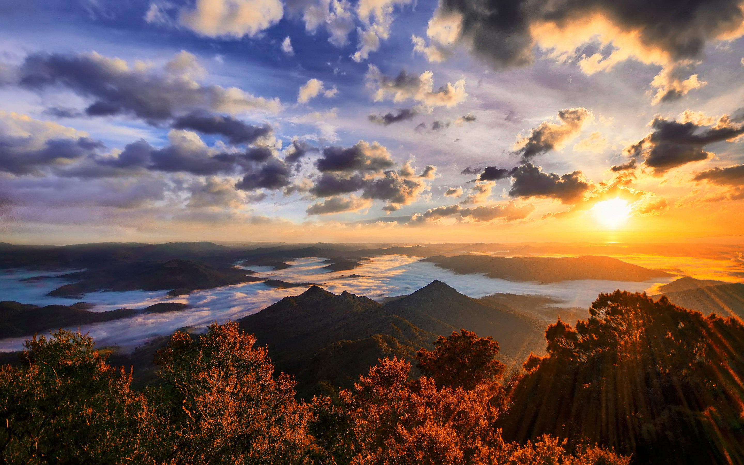 river, clouds, 2K, nature, sunset, forest, far view, mountains, landscape, sky, HD Wallpaper