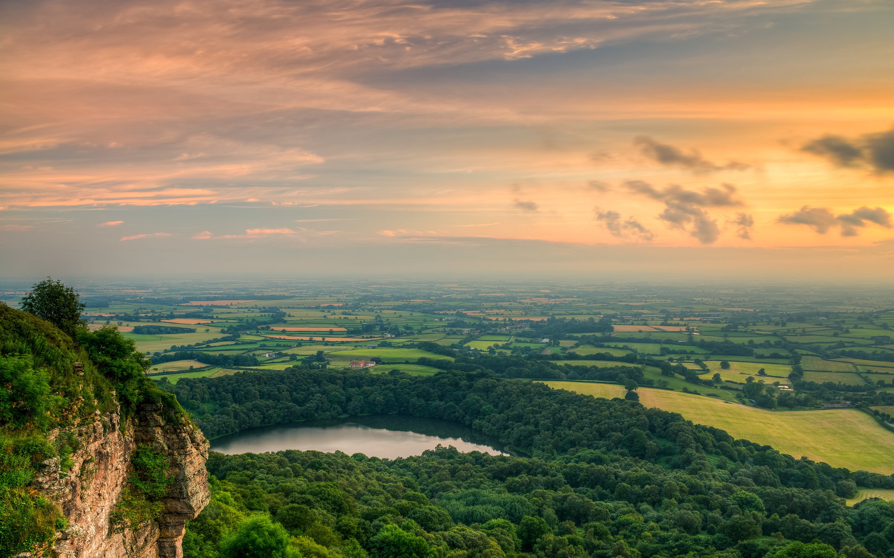 sky, lake, sunset, landscape, trees, far view, forest, 2K, mountains, clouds, nature, HD Wallpaper
