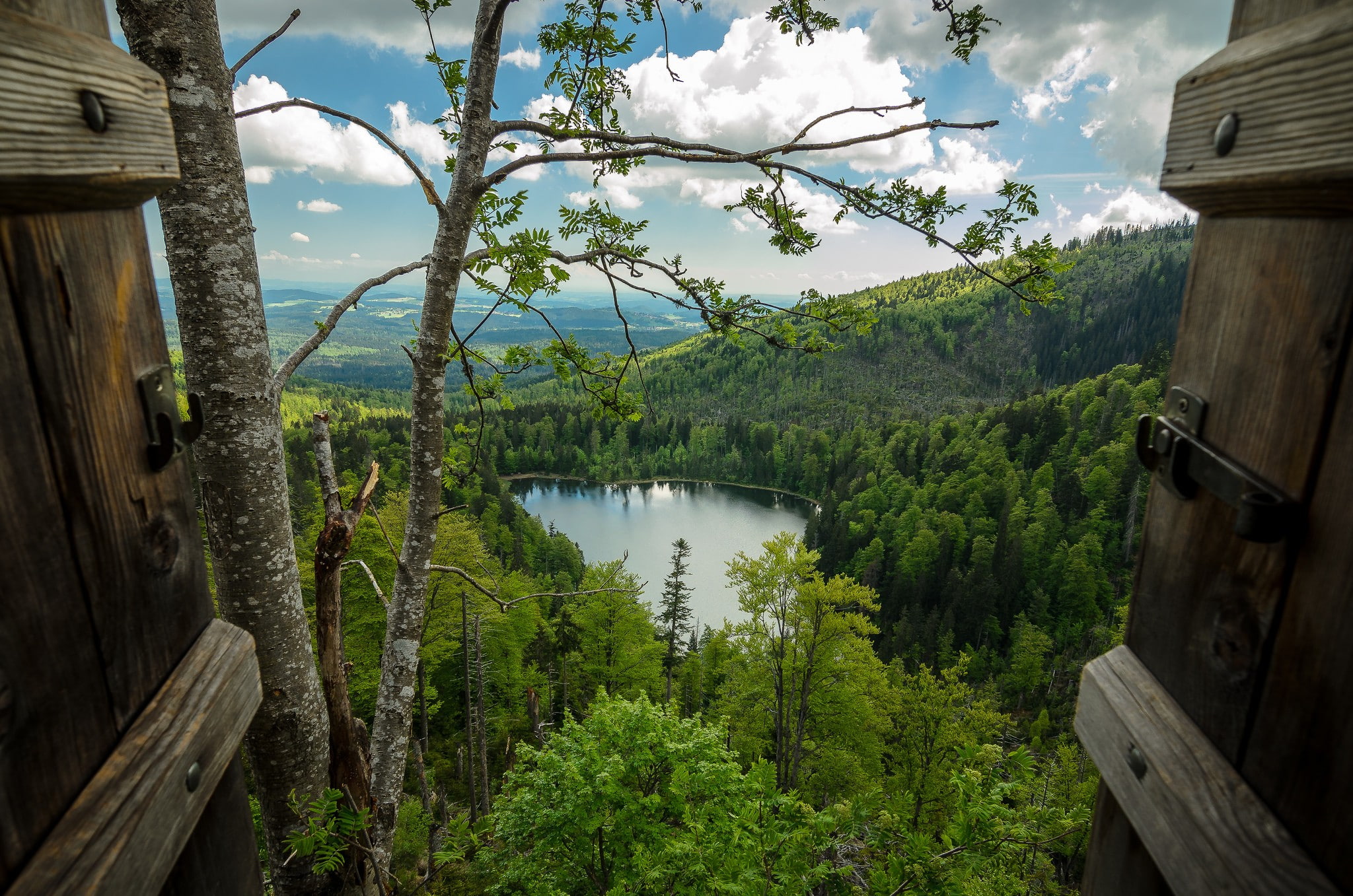water, landscape, window, clouds, hills, 1080P, leaves, photography, forest, lake, far view, trees, HD Wallpaper