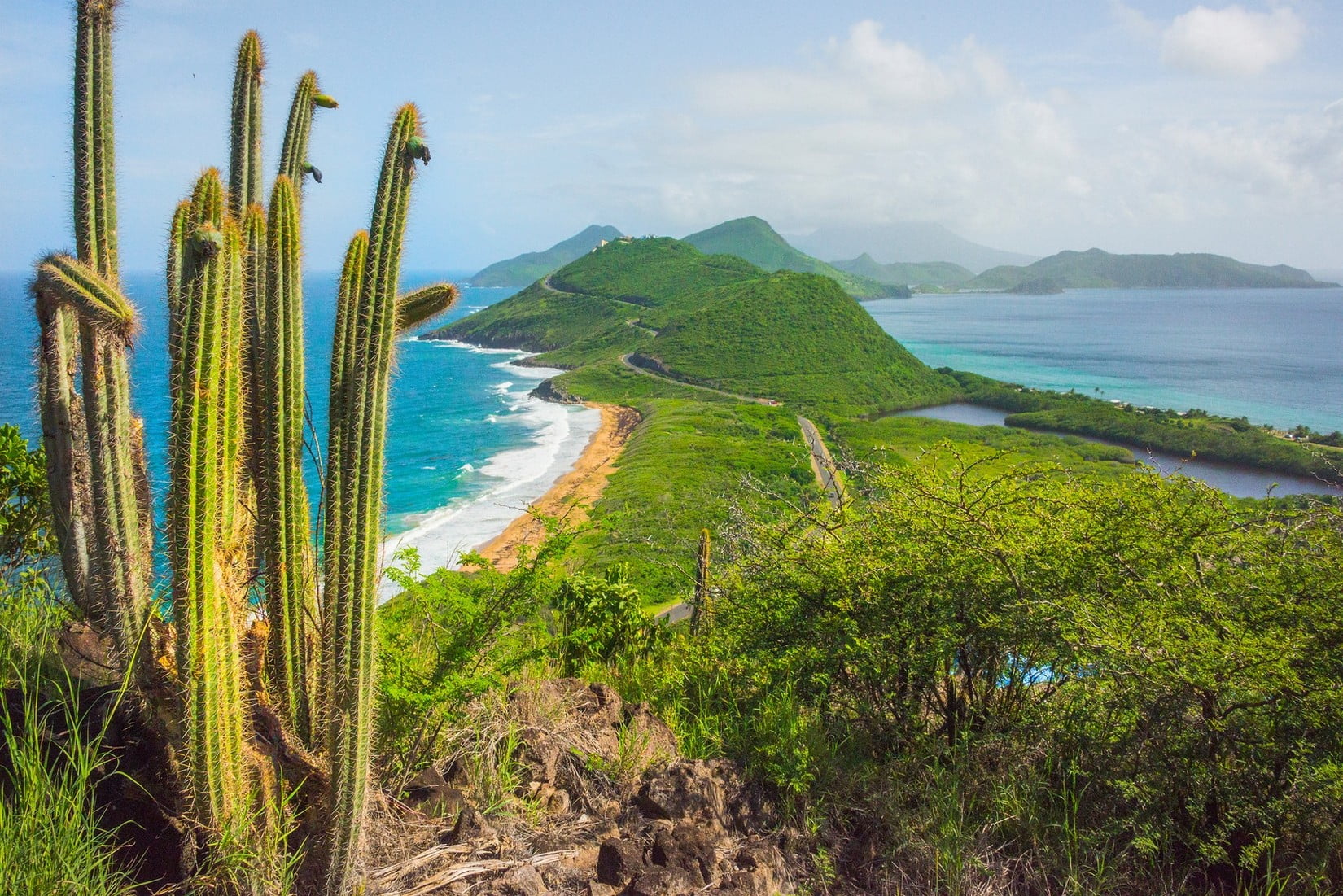 far view, beauty in nature, sky, covered, no people, nature, cloud - sky, green, grass, growth, shrubs, mountain, tropical, bay, hills, day, cactus, island, HD Wallpaper