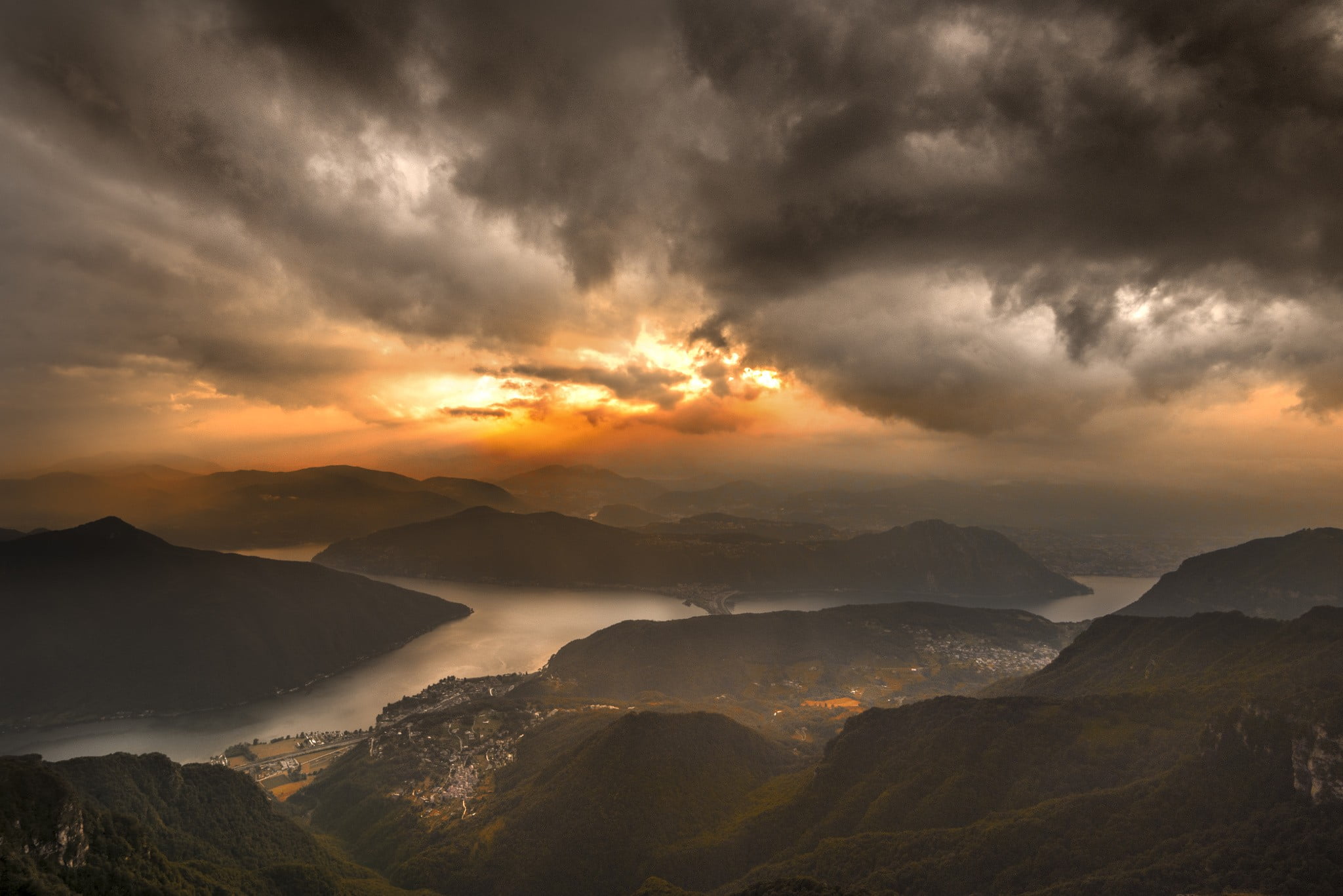 scenics - nature, nature, storm, body, fog, water, tranquil scene, no people, sunset, outdoors, sky, far view, mist, mountain range, beauty in nature, HD Wallpaper