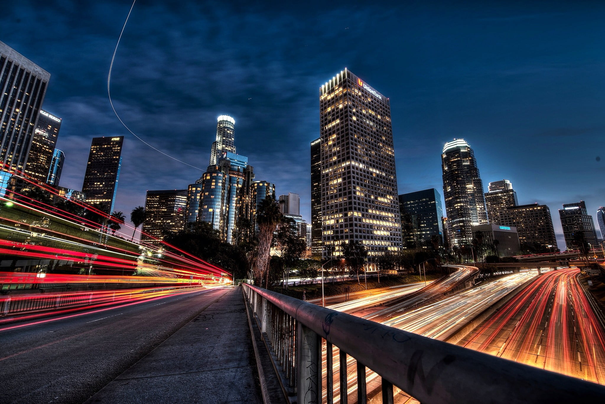 street, architecture, modern, body, 1080P, metropolis , Los Angeles, illuminated, house, road, outdoors, speed, light trail, skyscraper, transportation, HD Wallpaper