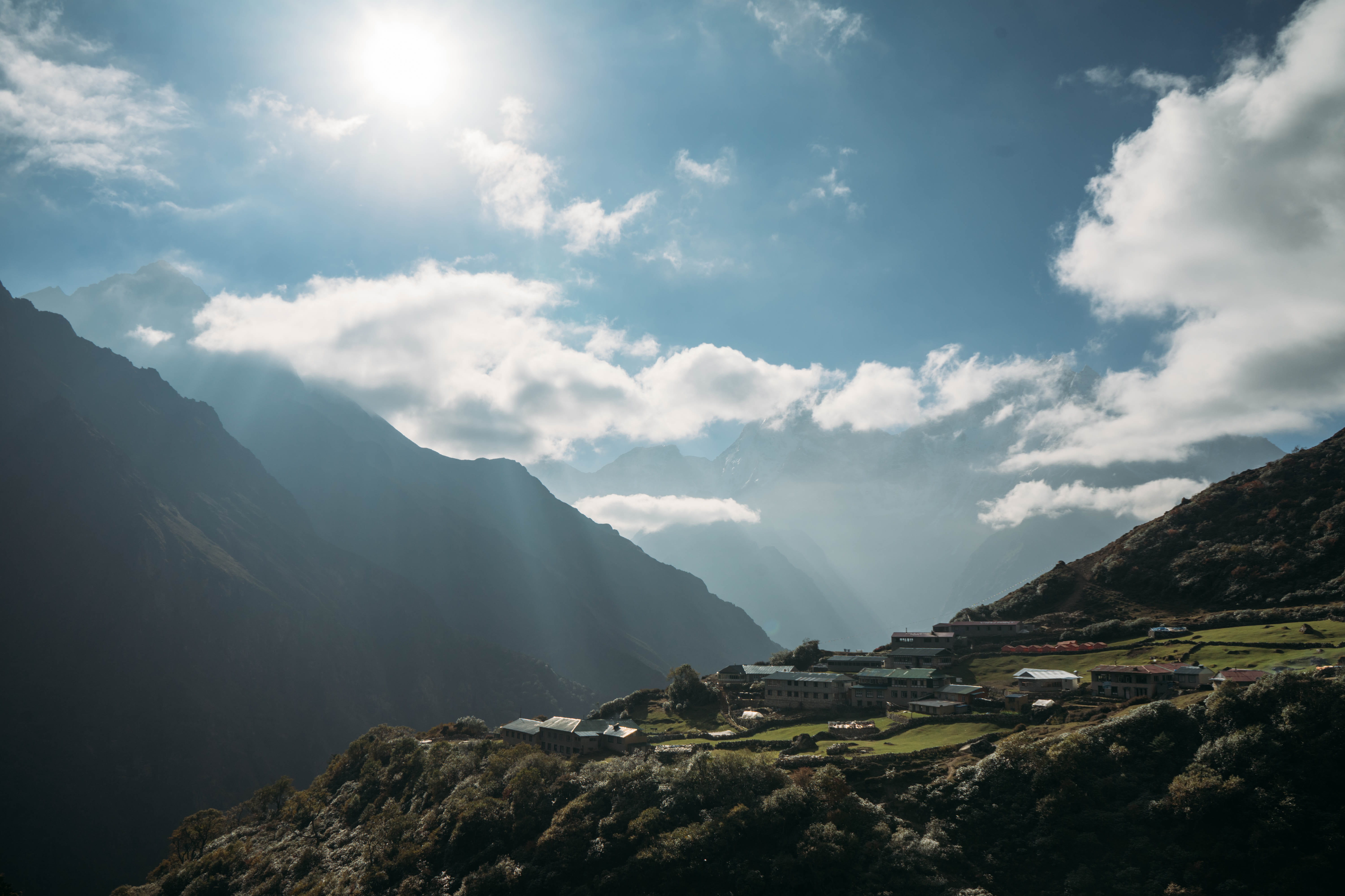 nepal, outdoors, tranquil scene, remote, dole, rock - object, sky, scenics - nature, khumjung, cloud - sky, sunlight, tranquility, day, mountain peak, mountain range, HD Wallpaper