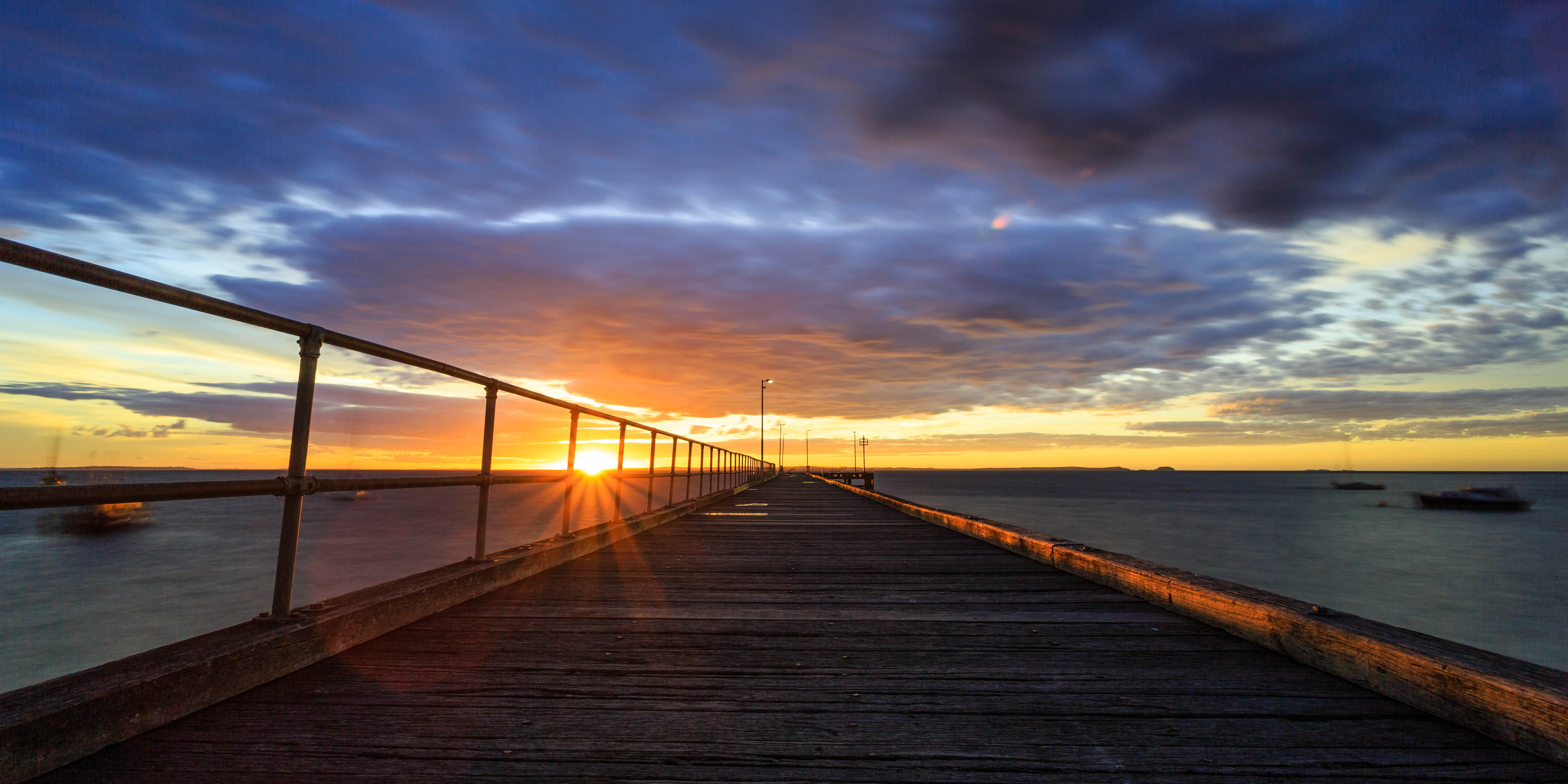 stratus clouds, stratus, hour, landscape, Sunrise, Flinders, boat, sky, Hoya, sea, sun, Canon 5D mark III, water, wooden, f4L, brown, Long exposure, boat dock, HD Wallpaper