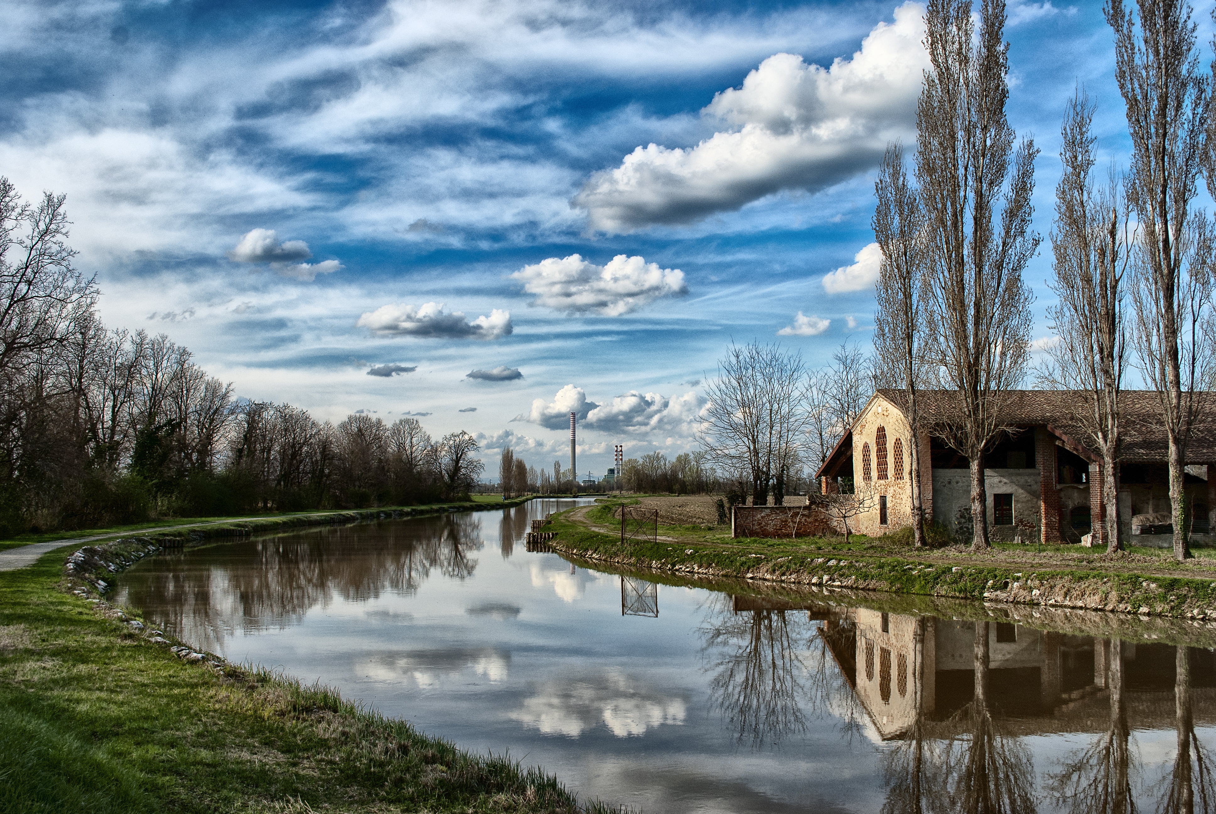 cielo, lake, Canale, canal, nature, house, reflection, landscape, stratus clouds, architectural photography, architecture, 4K, architectural, tree, sky, HD Wallpaper