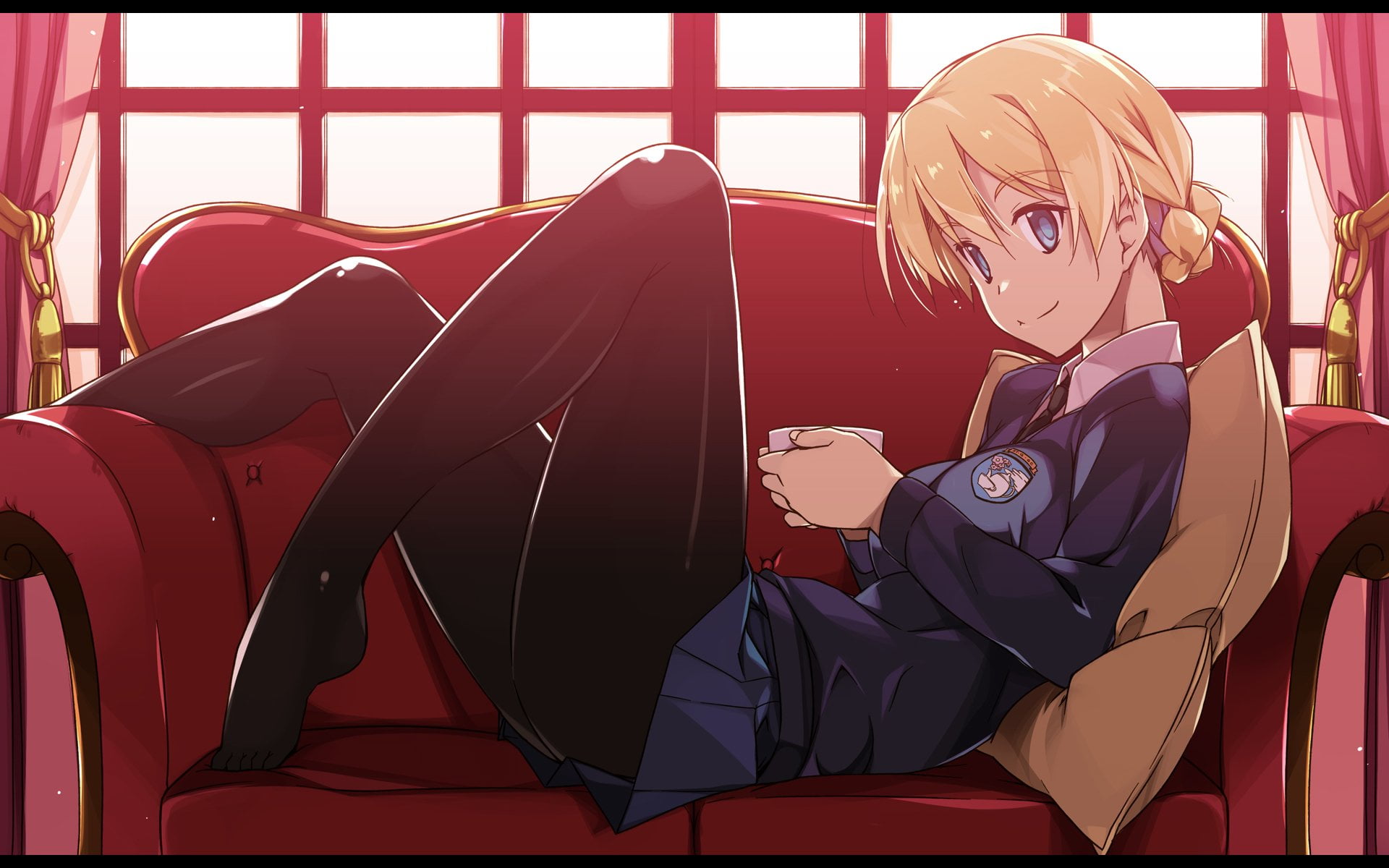 Short Hair, 1080P, Drink, Skirt, Anime, looking, one person, leisure activity, child, real people, day, males, blond hair, looking away, lifestyles, Darjeeling (Girls und Panzer), HD Wallpaper