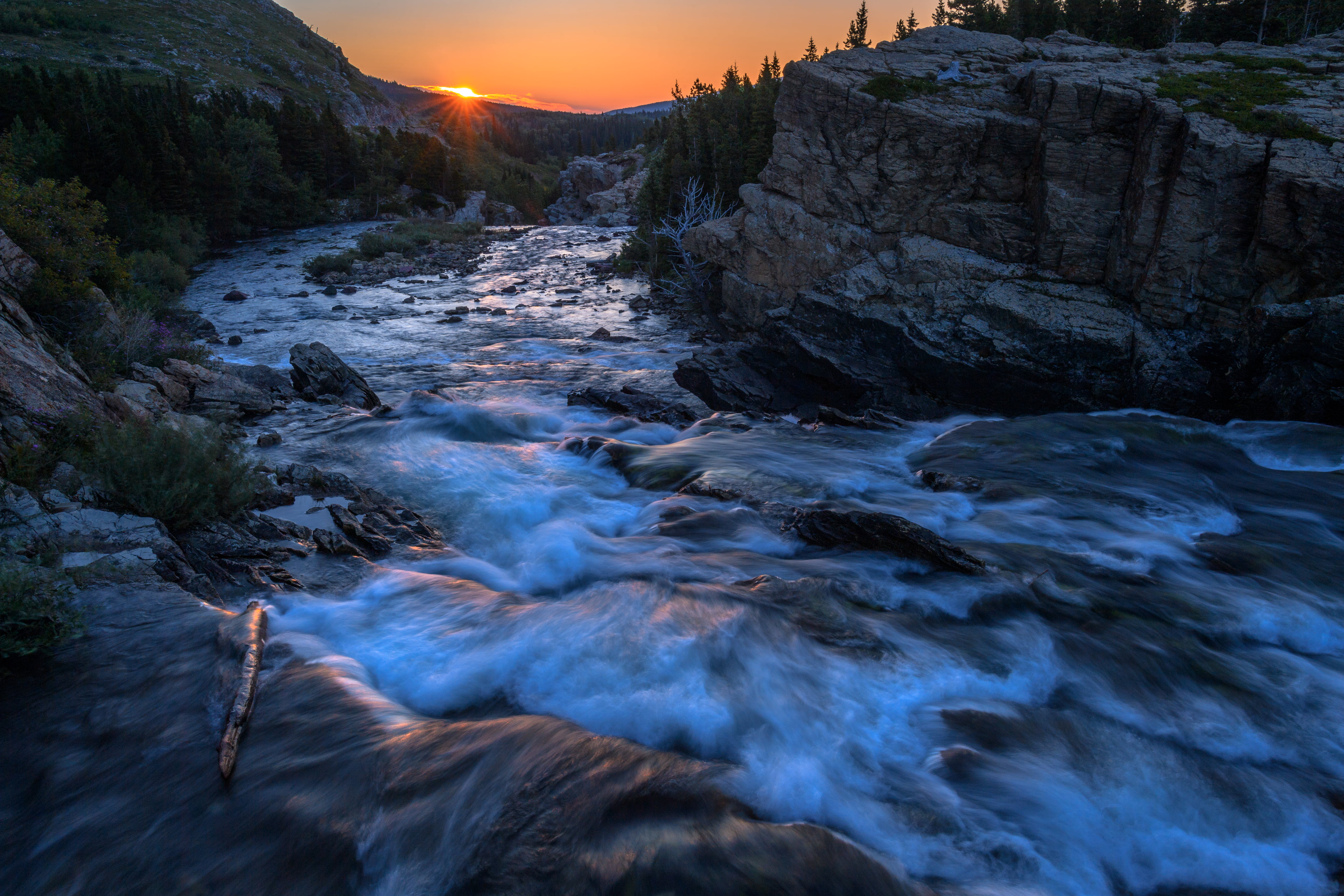 waterfall, rocky mountain, landscape, Montana, outdoors, Sunrise, Glacier National Park, hour, rock - Object, golden, mountain, Swiftcurrent Falls, golden hour, HD Wallpaper