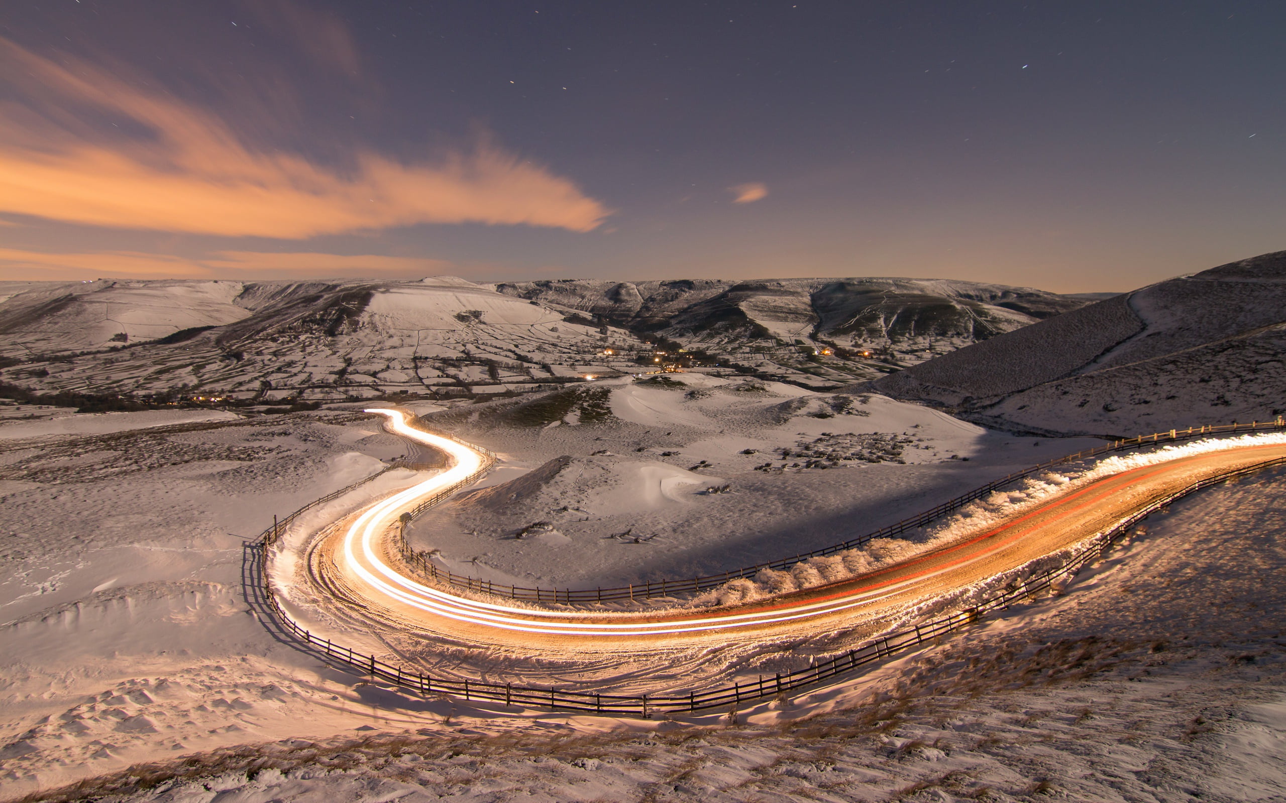 scenics - nature, black, astronomy, road, no people, outdoors, sunset, 2K, star - space, landscape, soil, transportation, snow, cold temperature, mountain, HD Wallpaper