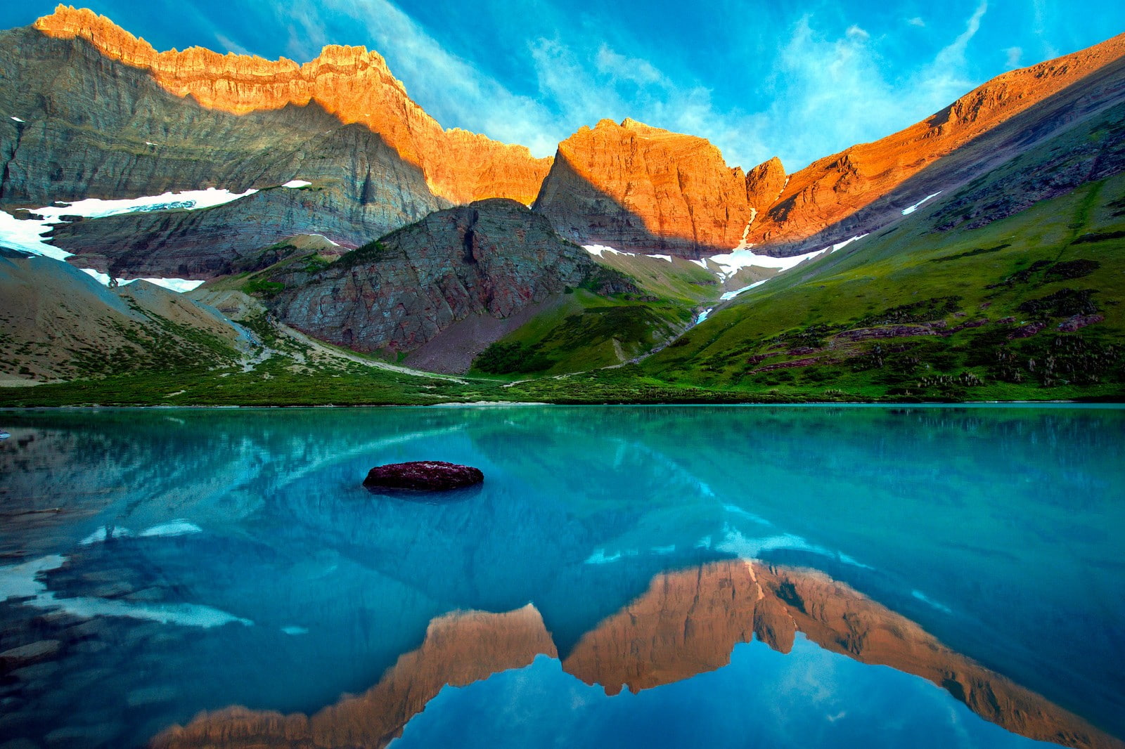 land, mountain, scenics - nature, beauty in nature, no people, tranquil scene, sunset, grass, lake, nature, landscape, travel, Glacier National Park, Montana, HD Wallpaper