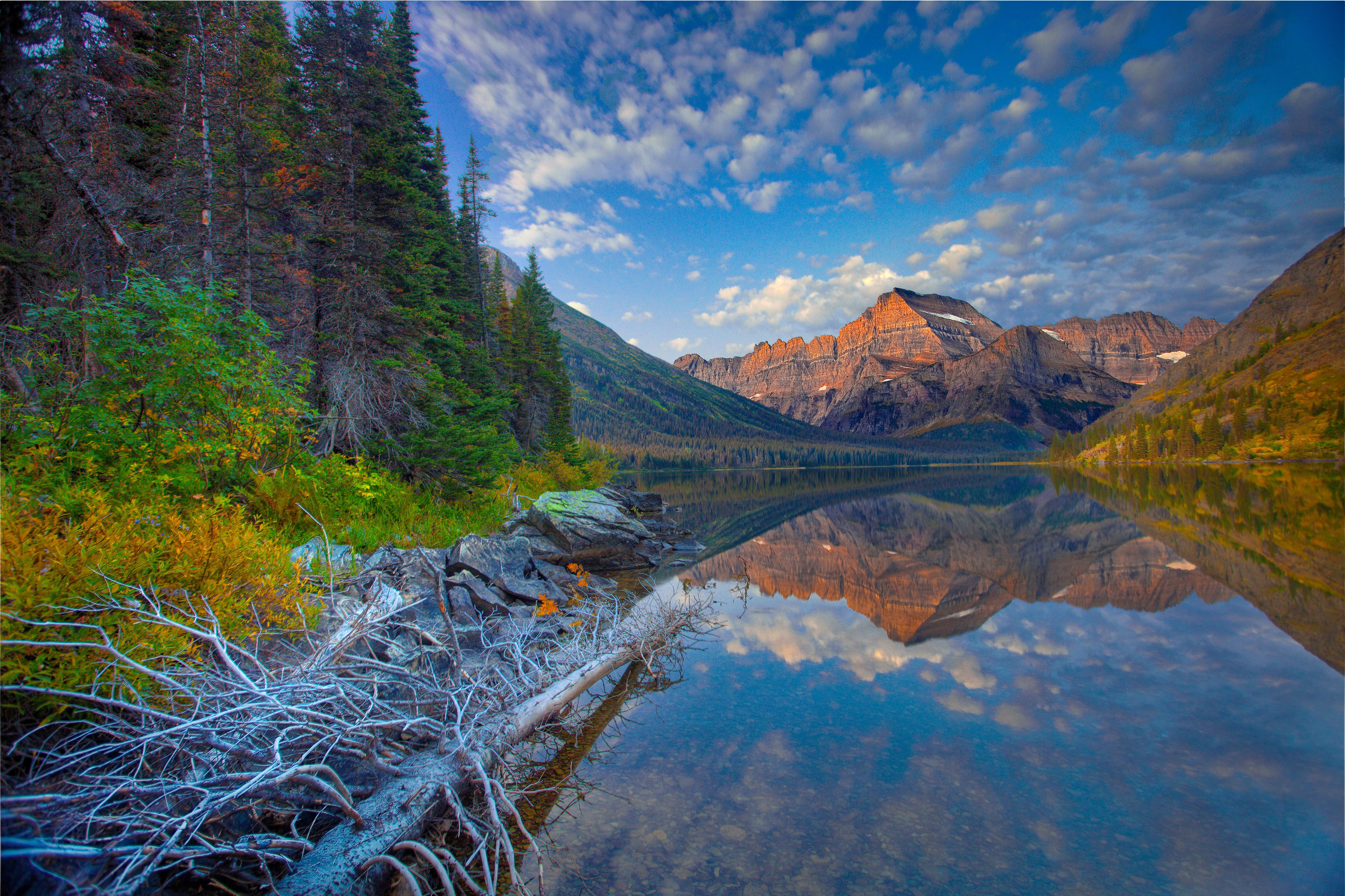waterfront, mountain, Montana, tranquility, mountain range, sky, Glacier National Park, 4K, tranquil scene, reflection, beauty in nature, outdoors, lake, HD Wallpaper