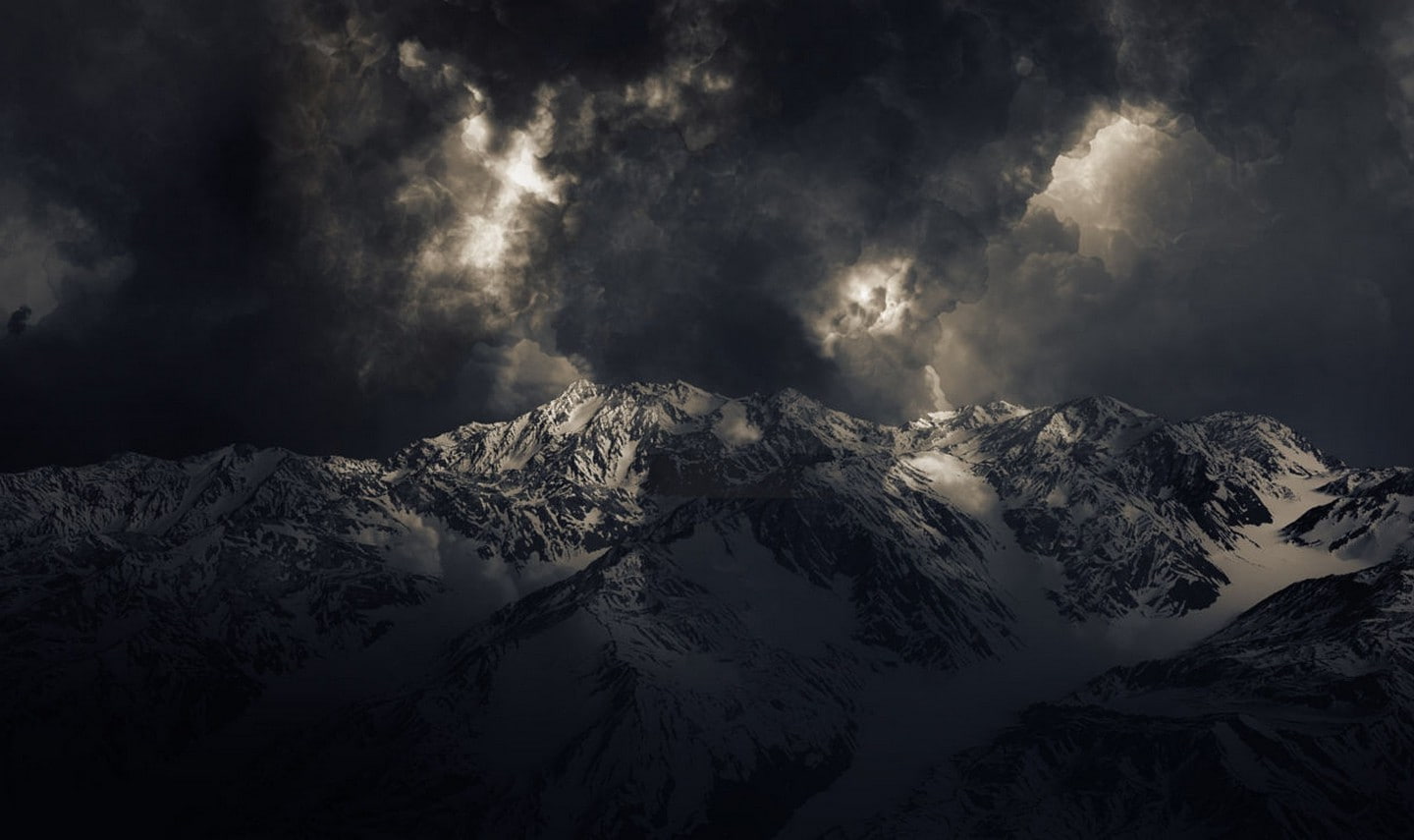 mountain range, storm, tranquil scene, clouds, beauty in nature, mountain, sunlight, cold temperature, winter, Snowy Peak, nature, snow, no people, above, HD Wallpaper