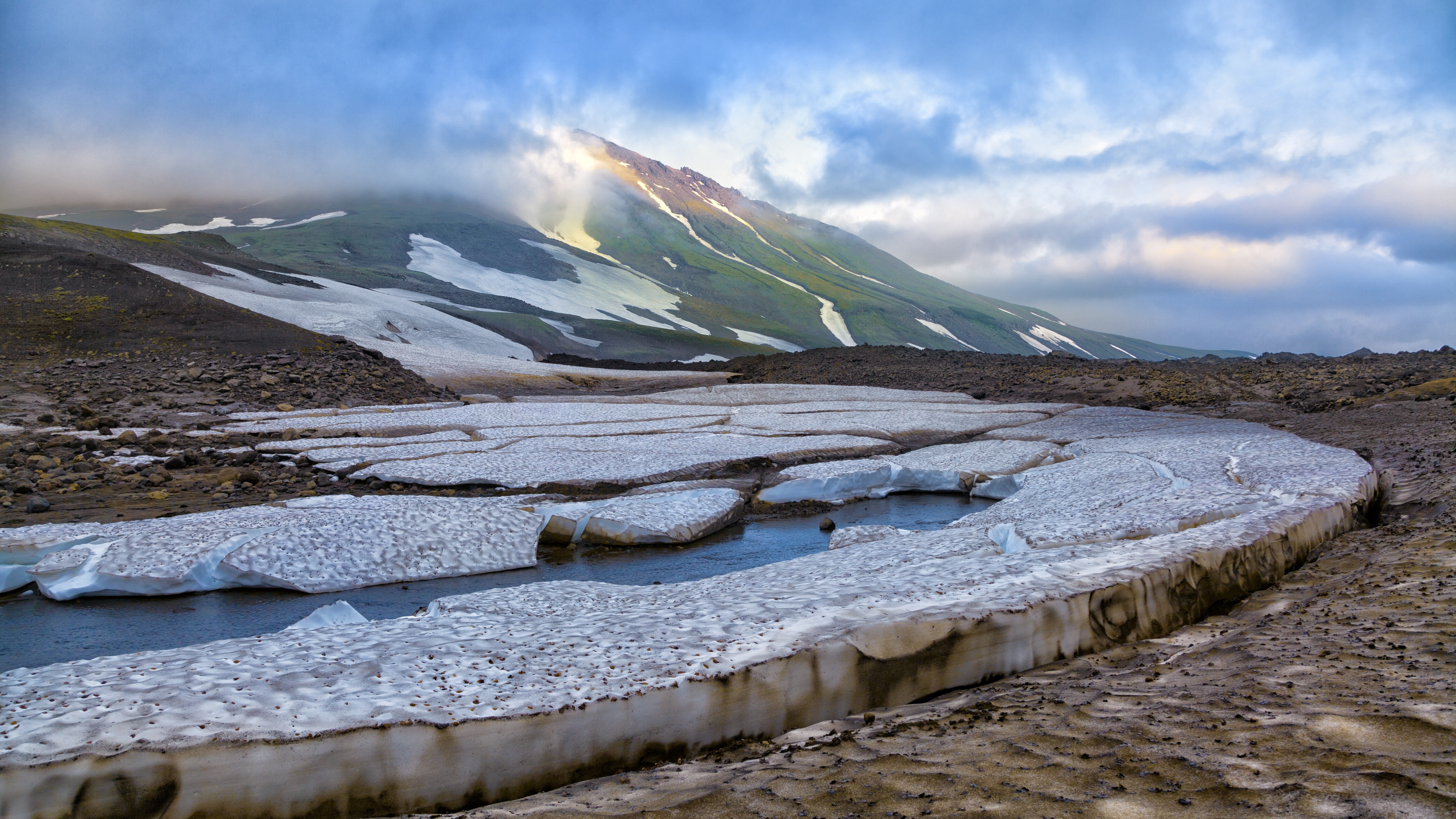 environment, travel, sky, land, ice, cloud - sky, glacier, kamchatka wide, lagoon, 5K, mountain, snow, water, nature, cold temperature, landscape, winter, HD Wallpaper