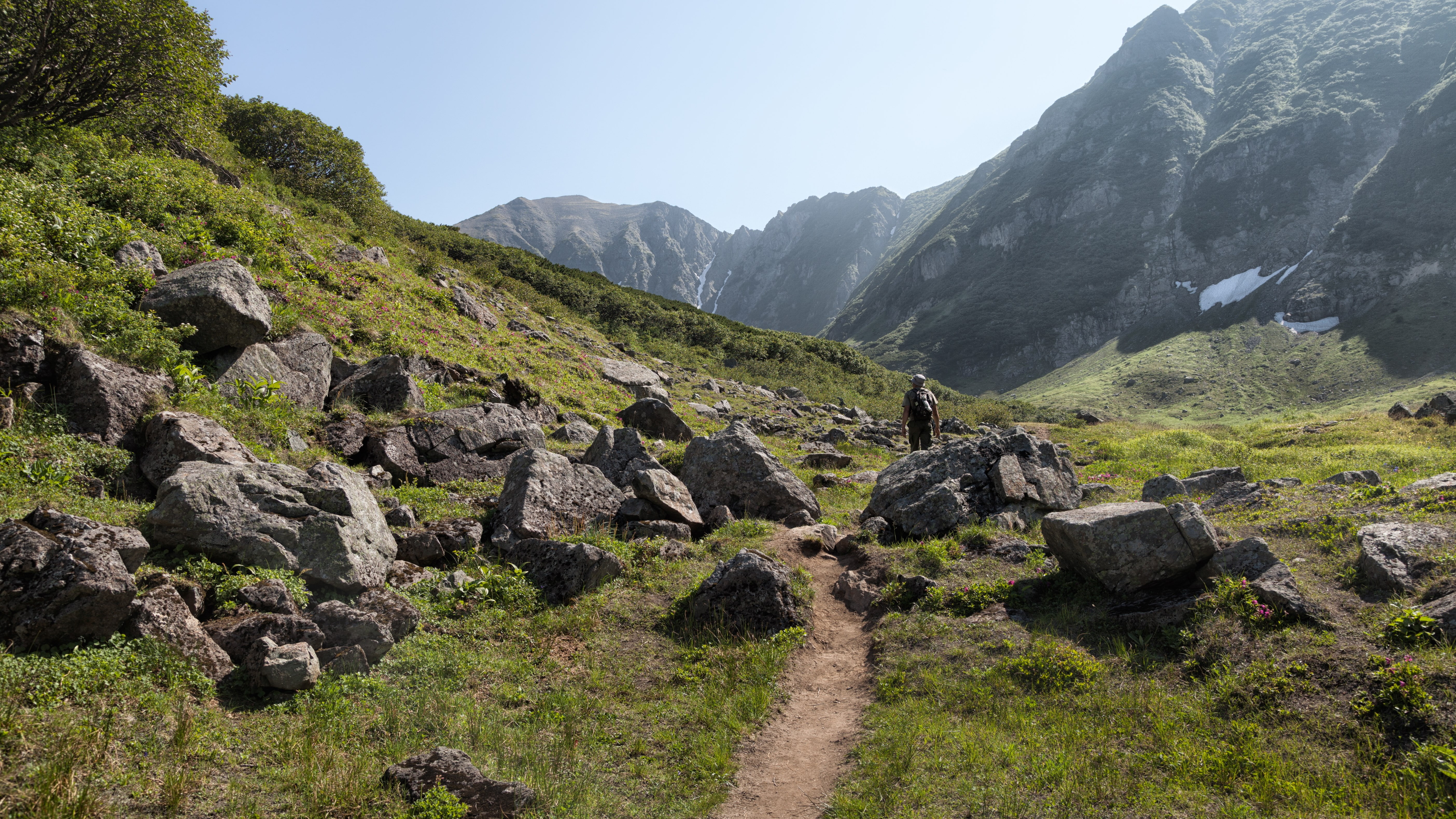 no people, tranquility, land, mountain range, clear sky, grass, kamchatka nature 6k, solid, sky, non-urban scene, environment, formation, rock, tranquil scene, HD Wallpaper