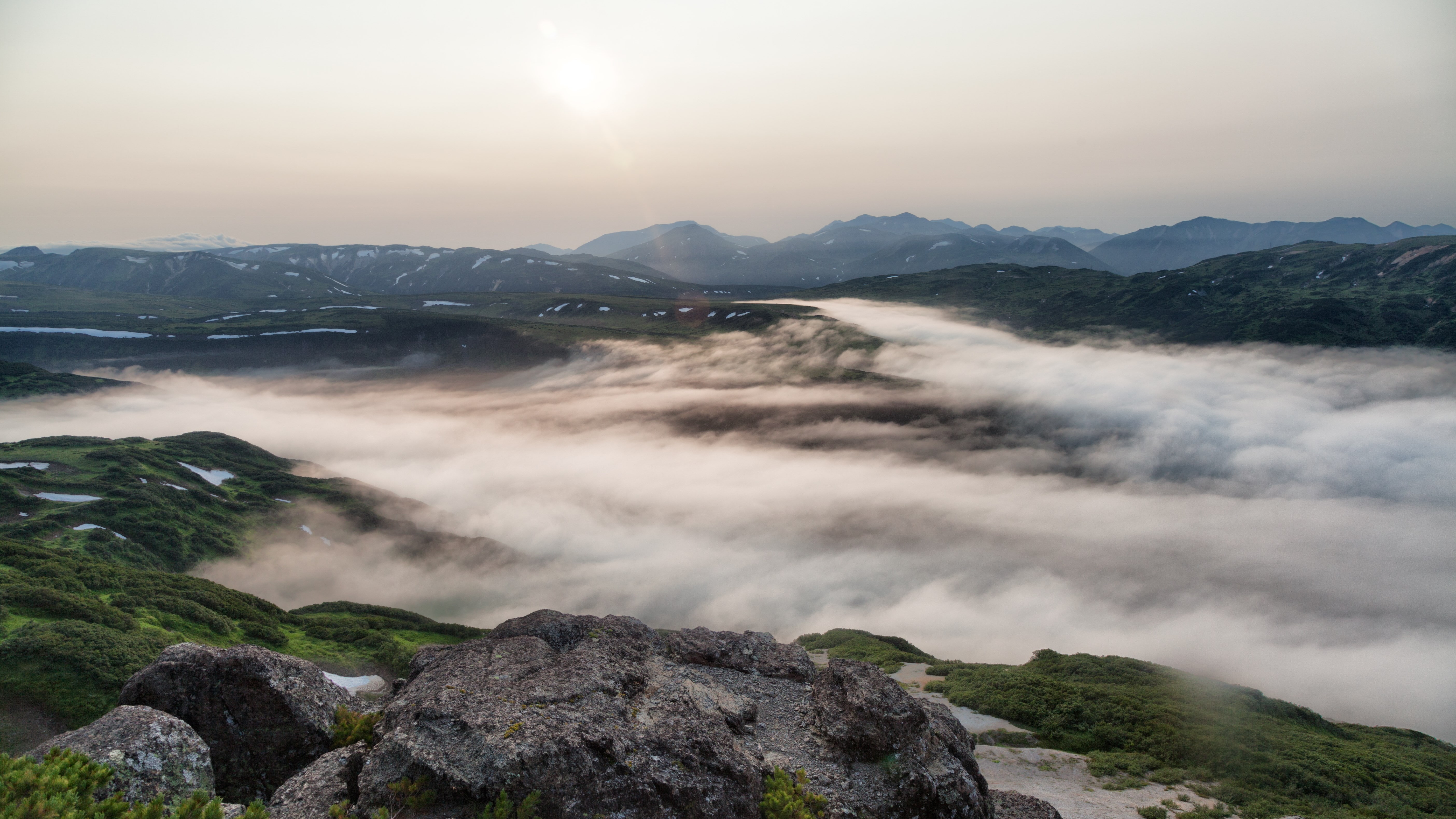 tranquil scene, scenics - nature, rock - object, cloud - sky, mountain range, beauty in nature, fog, sun, no people, solid, outdoors, tranquility, long exposure, HD Wallpaper