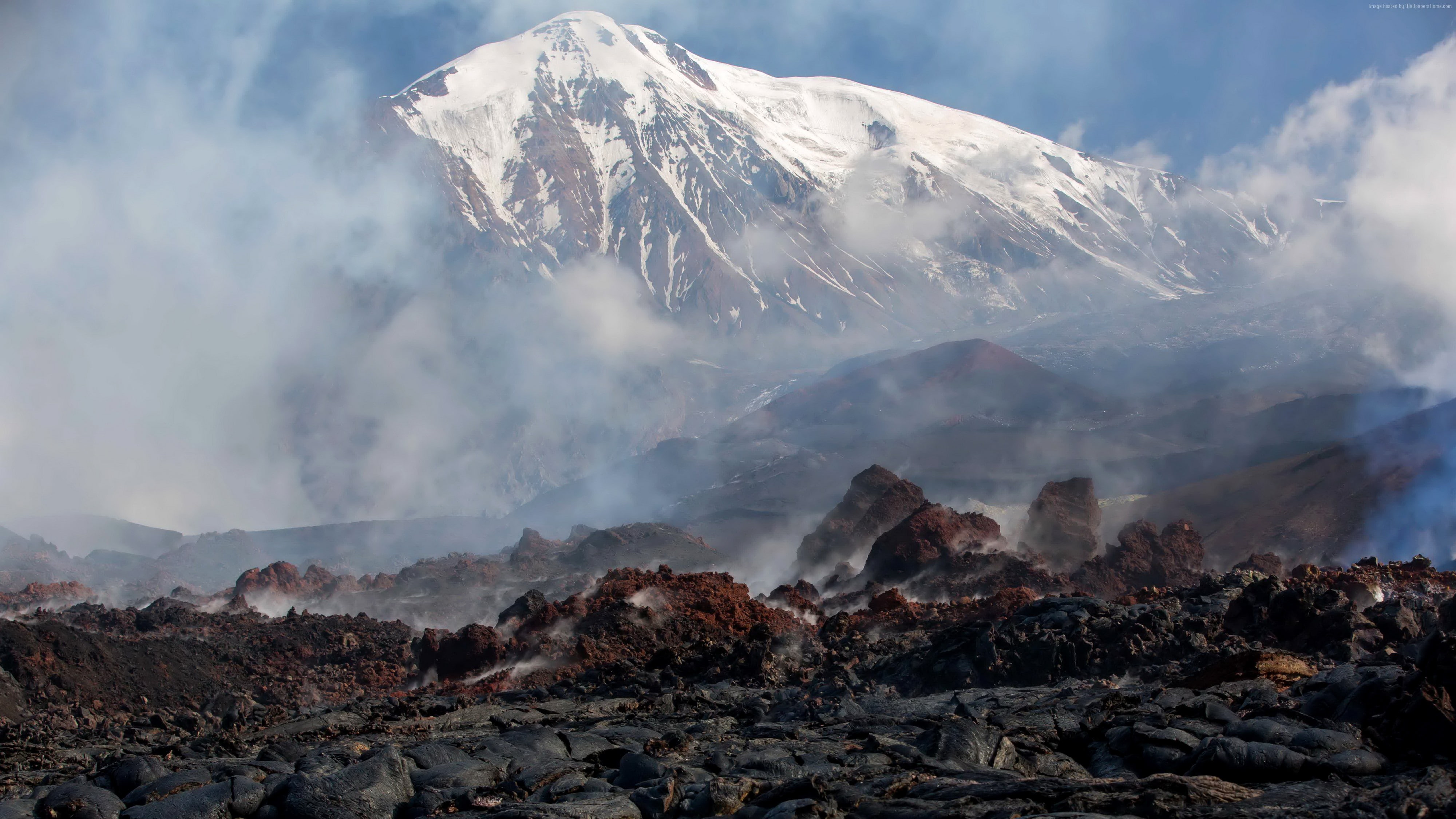 4K, Kamchatka, 5k, 4k, Russia, volcano, mountains, smoke, HD Wallpaper